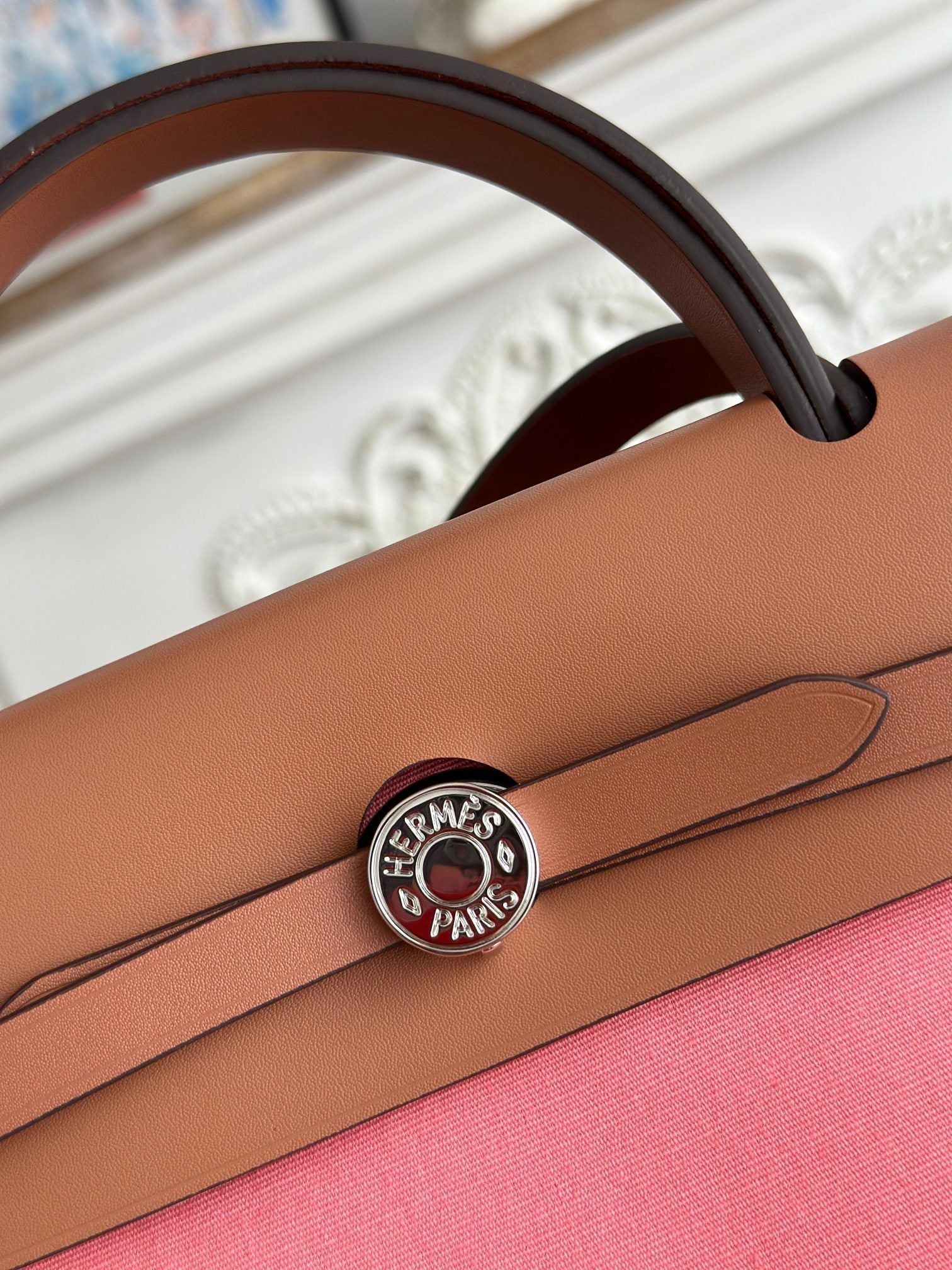 HERMES ZIP CABINE 31 BAG IN PUNCH PINK CANVAS AND BRONZE BROWN CALFSKIN