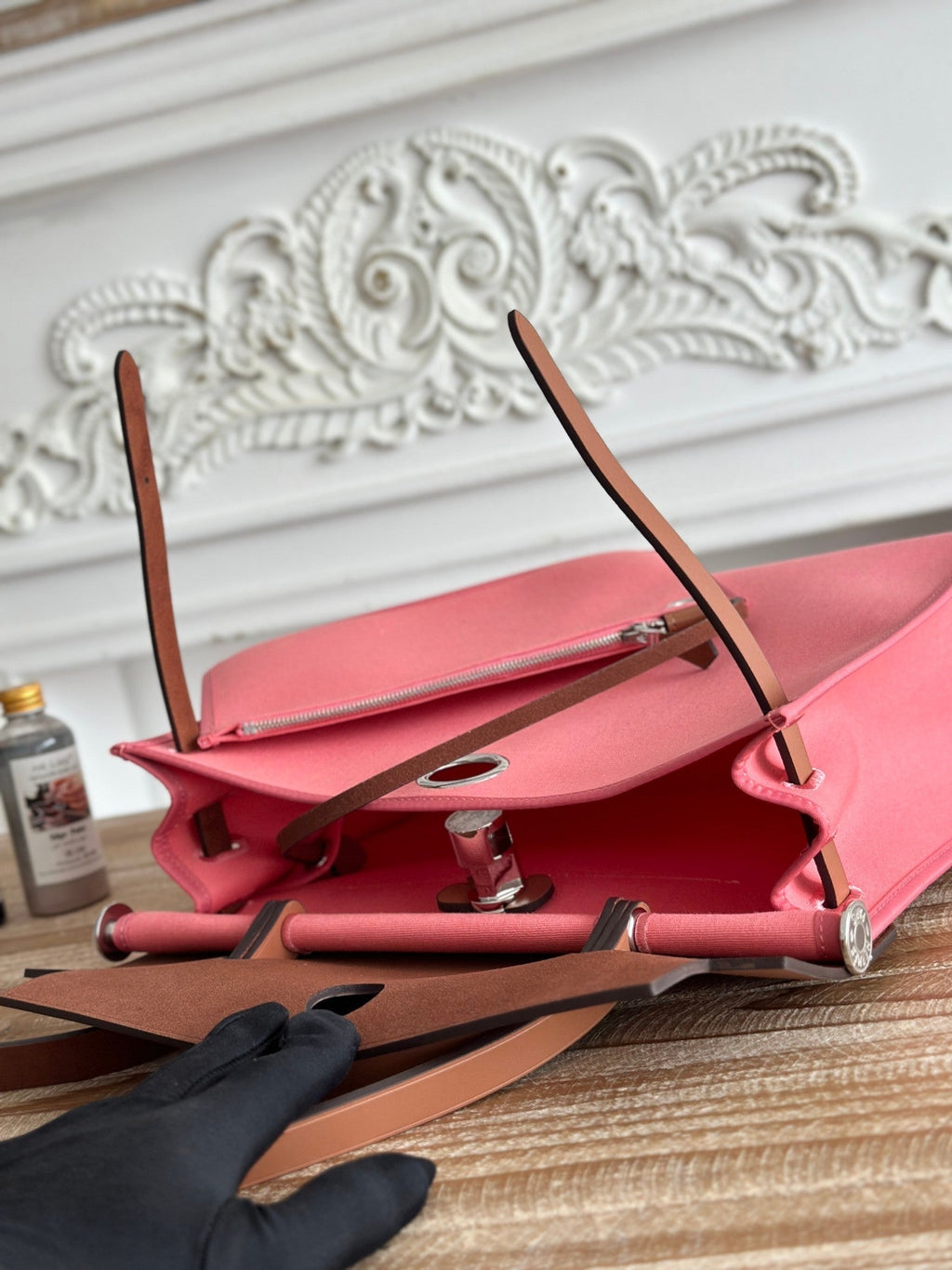 HERMES ZIP CABINE 31 BAG IN PUNCH PINK CANVAS AND BRONZE BROWN CALFSKIN