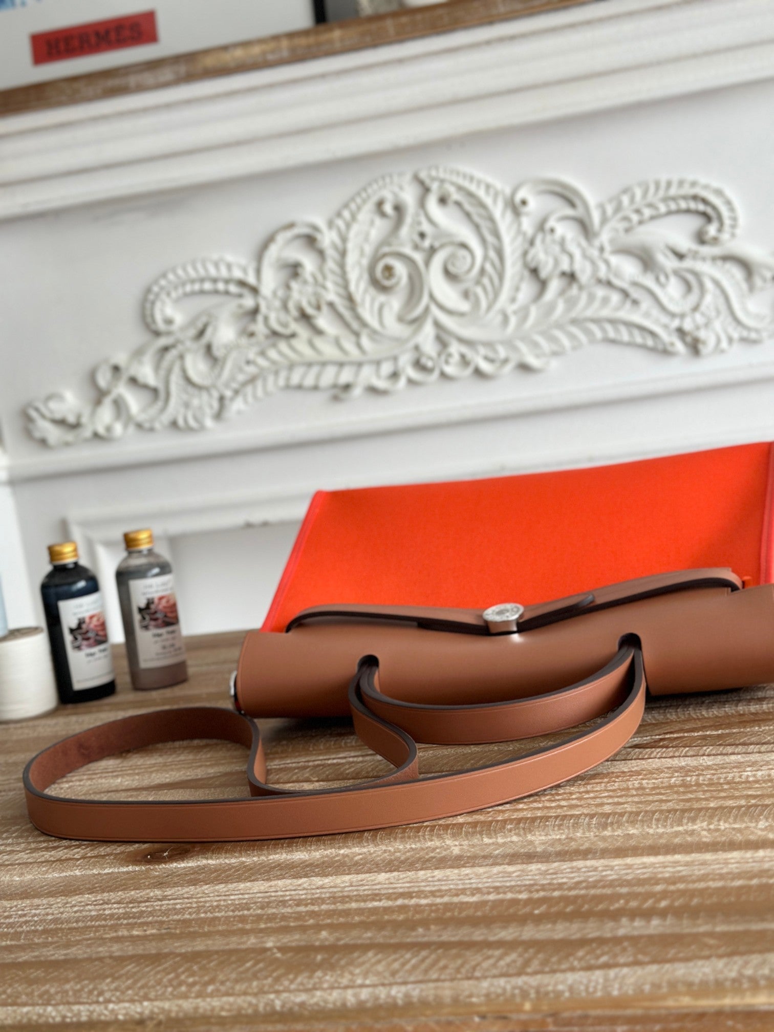 HERMES ZIP CABINE 31 BAG IN FIRE ORANGE CANVAS AND BRONZE BROWN CALFSKIN