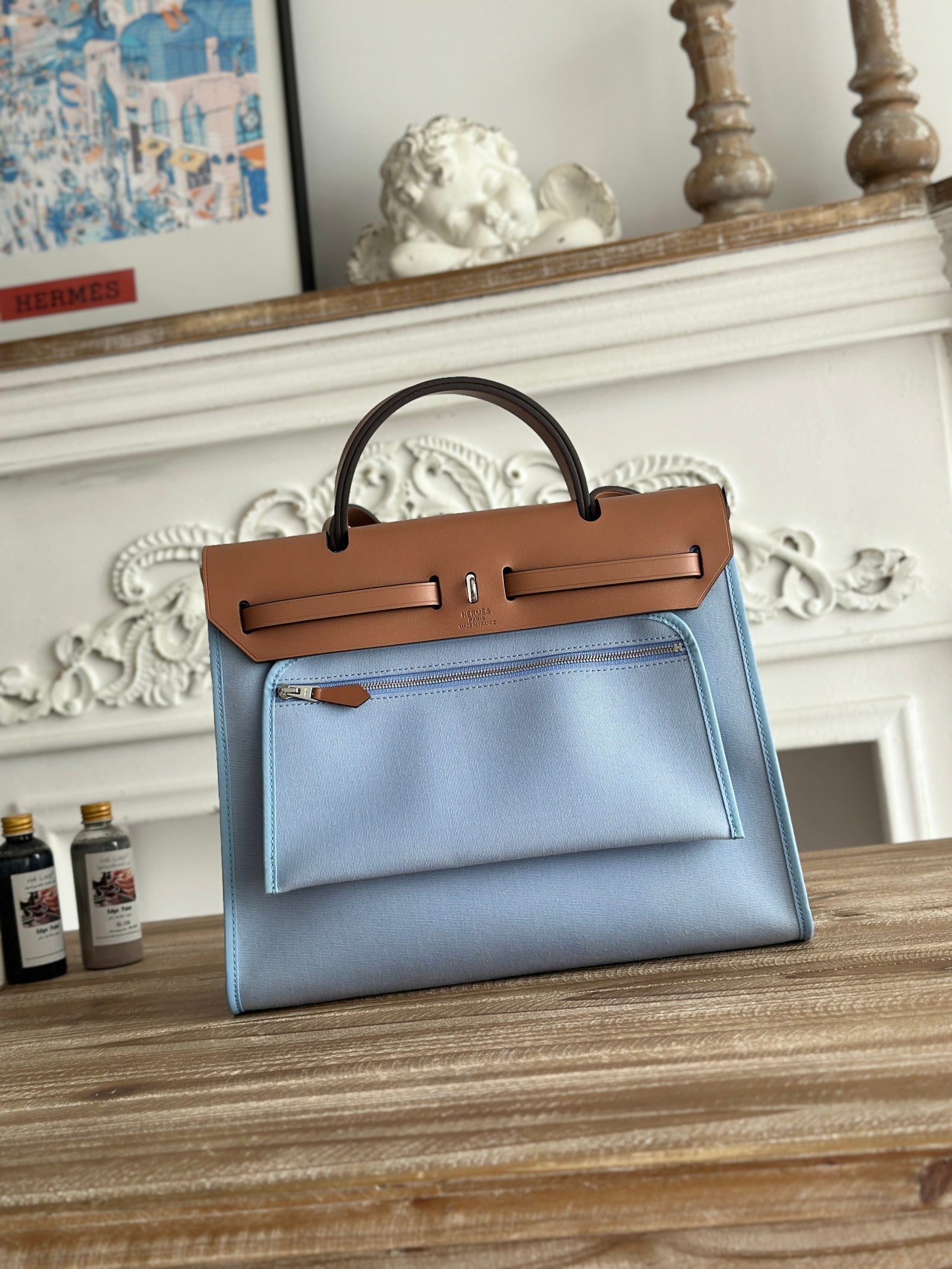 HERMES ZIP CABINE 31 BAG IN LIGHT BLUE CANVAS AND BRONZE BROWN CALFSKIN