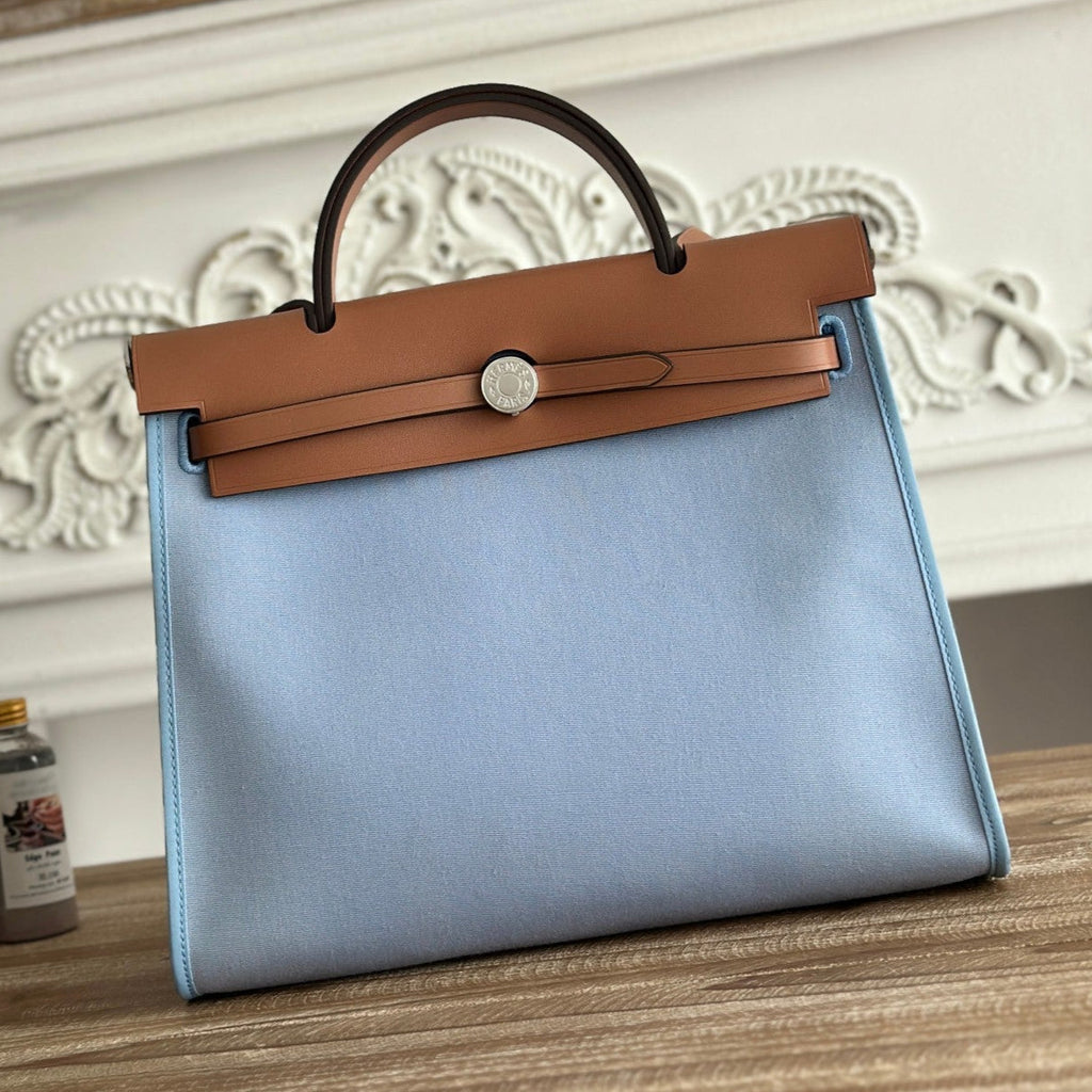 HERMES ZIP CABINE 31 BAG IN LIGHT BLUE CANVAS AND BRONZE BROWN CALFSKIN