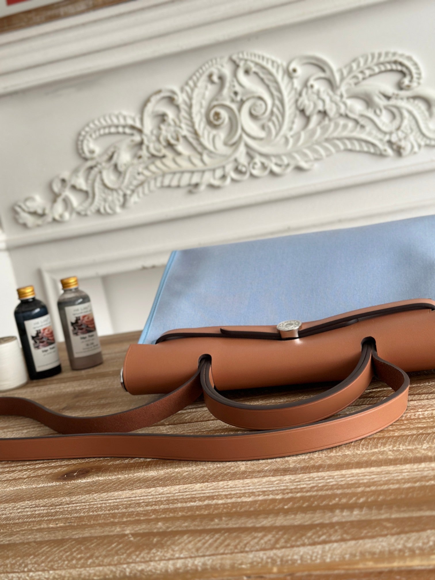 HERMES ZIP CABINE 31 BAG IN LIGHT BLUE CANVAS AND BRONZE BROWN CALFSKIN