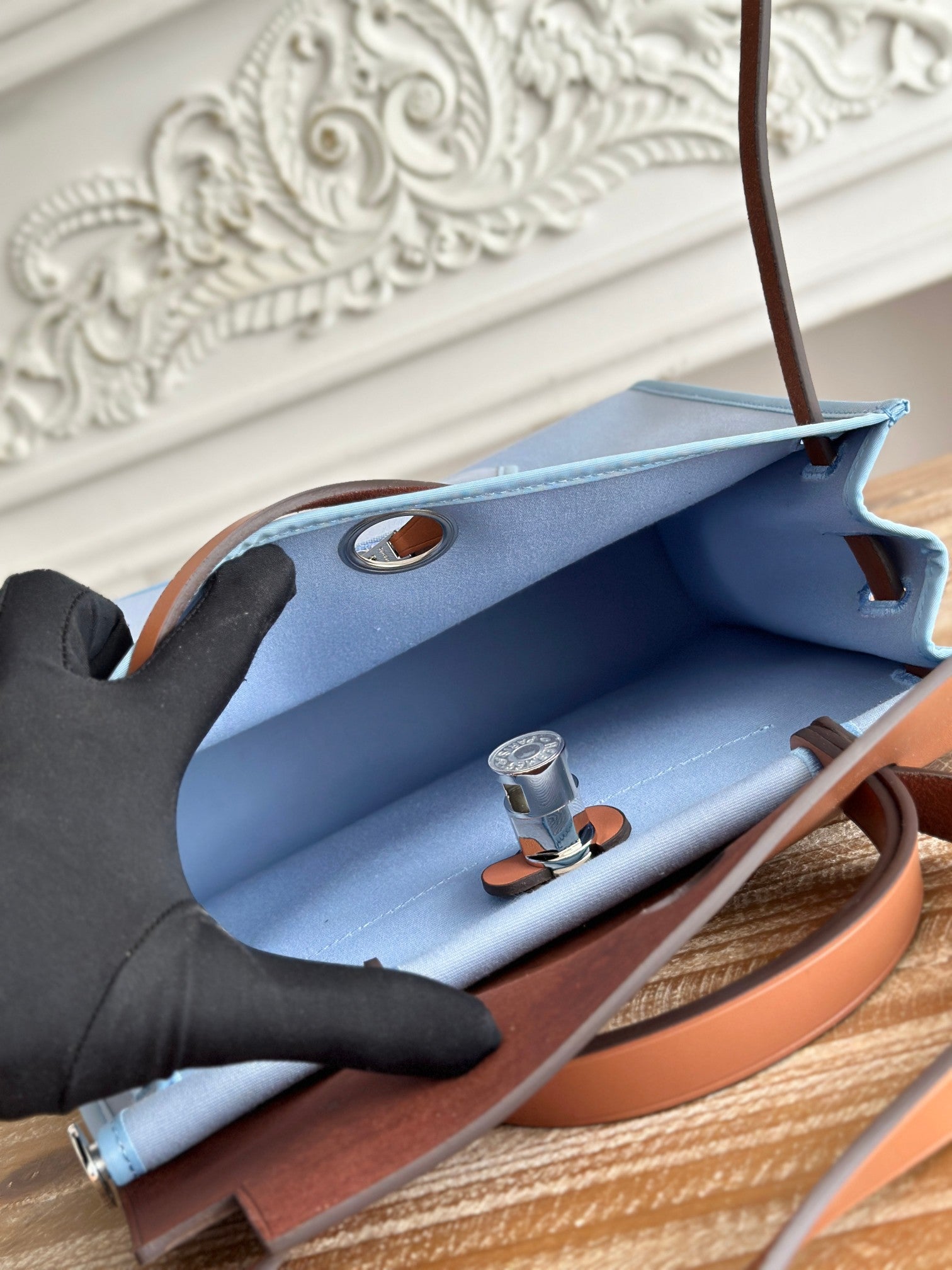 HERMES ZIP CABINE 31 BAG IN LIGHT BLUE CANVAS AND BRONZE BROWN CALFSKIN