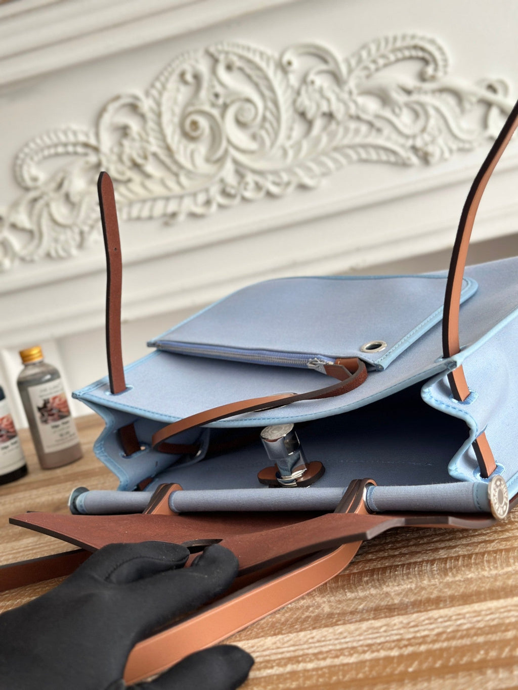 HERMES ZIP CABINE 31 BAG IN LIGHT BLUE CANVAS AND BRONZE BROWN CALFSKIN