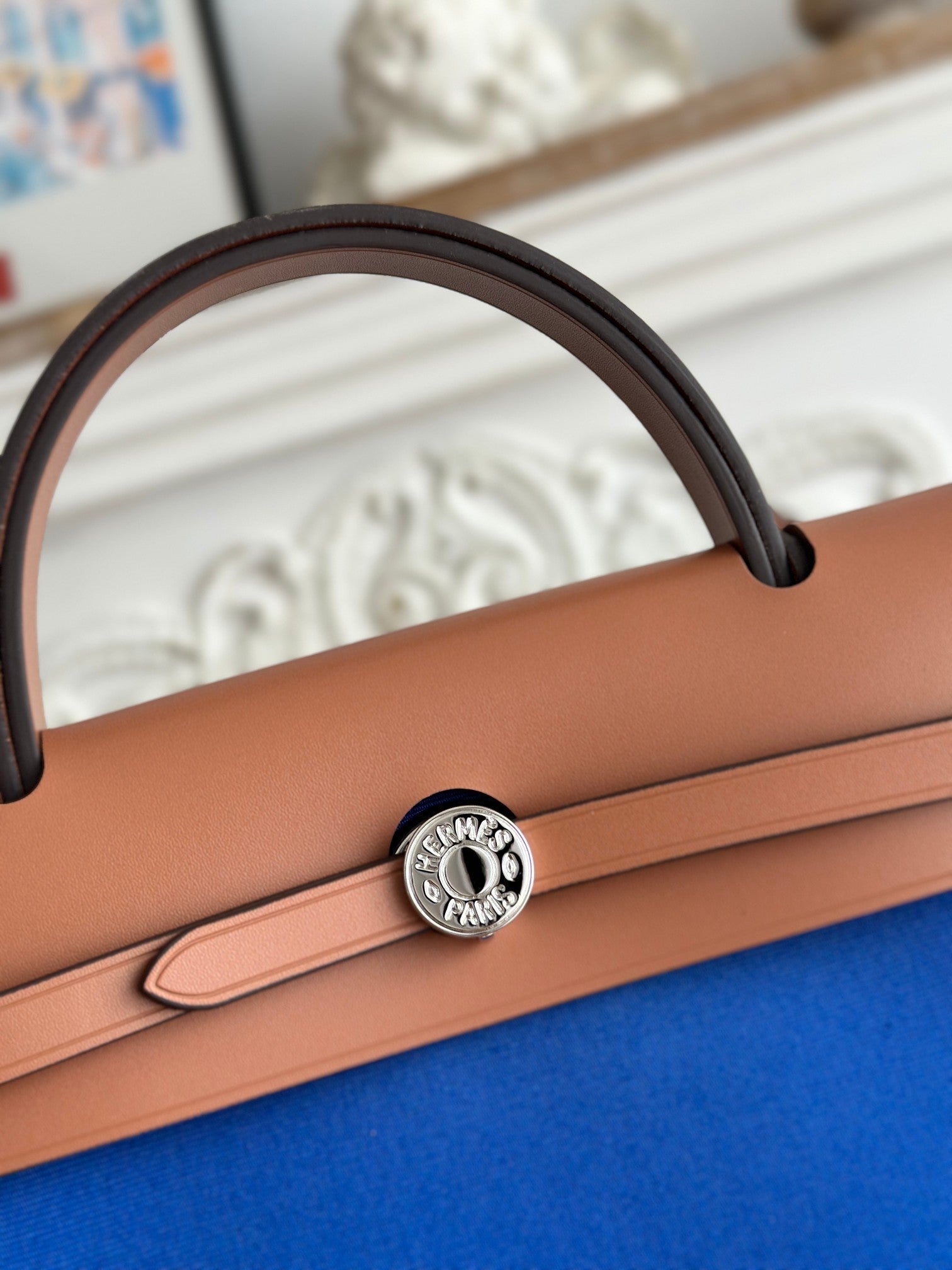HERMES ZIP CABINE 31 BAG IN COBALT BLUE CANVAS AND BRONZE BROWN CALFSKIN