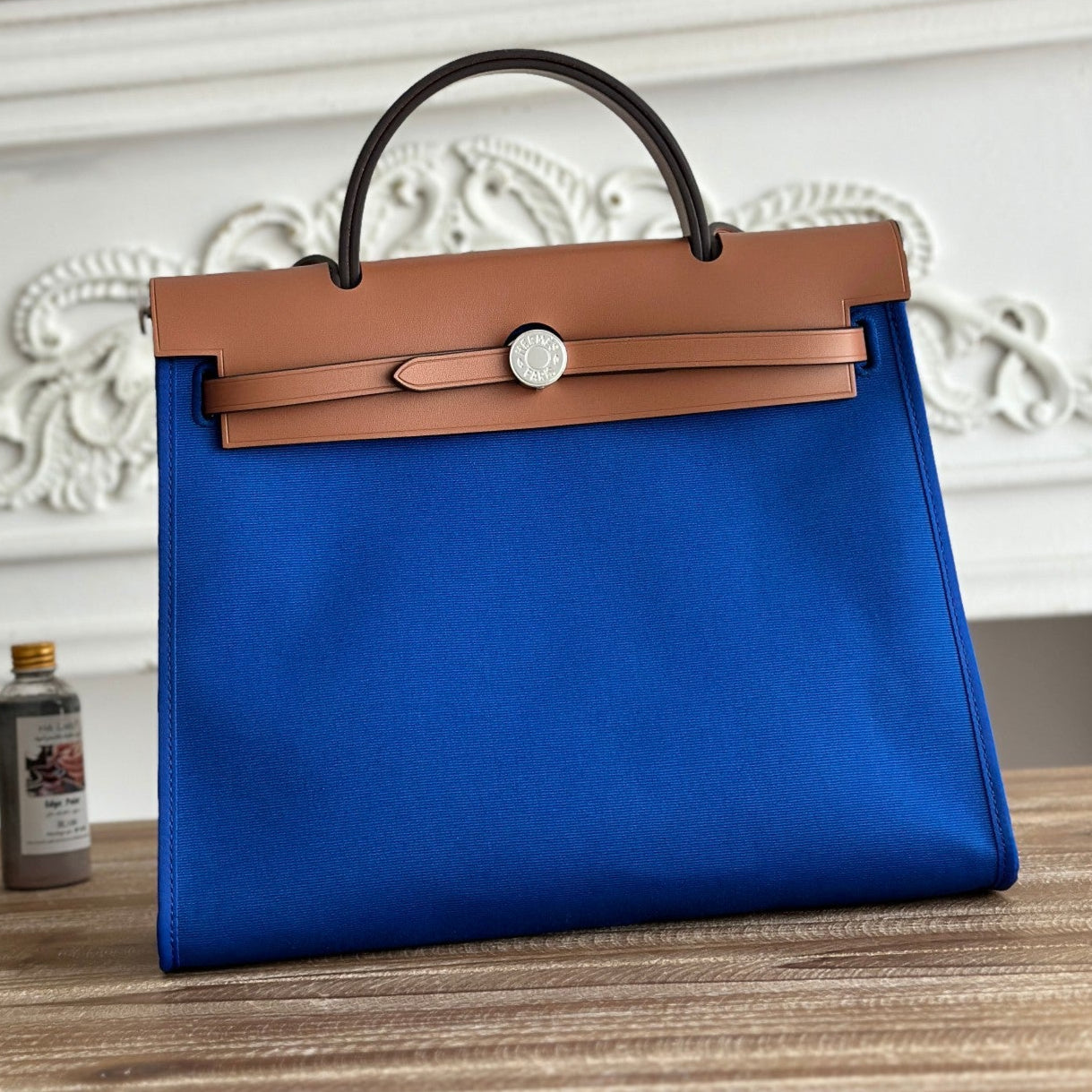 HERMES ZIP CABINE 31 BAG IN COBALT BLUE CANVAS AND BRONZE BROWN CALFSKIN