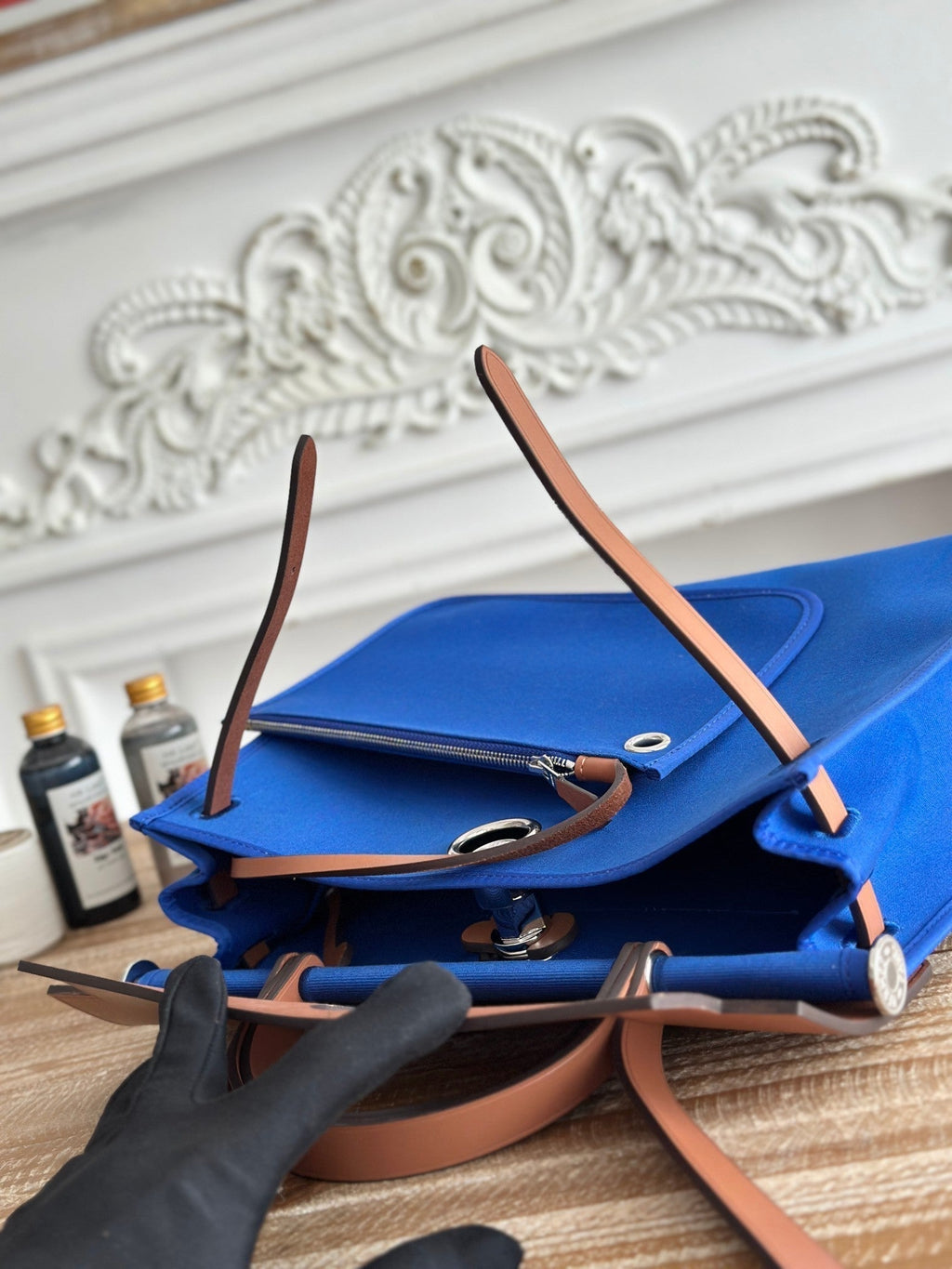 HERMES ZIP CABINE 31 BAG IN COBALT BLUE CANVAS AND BRONZE BROWN CALFSKIN