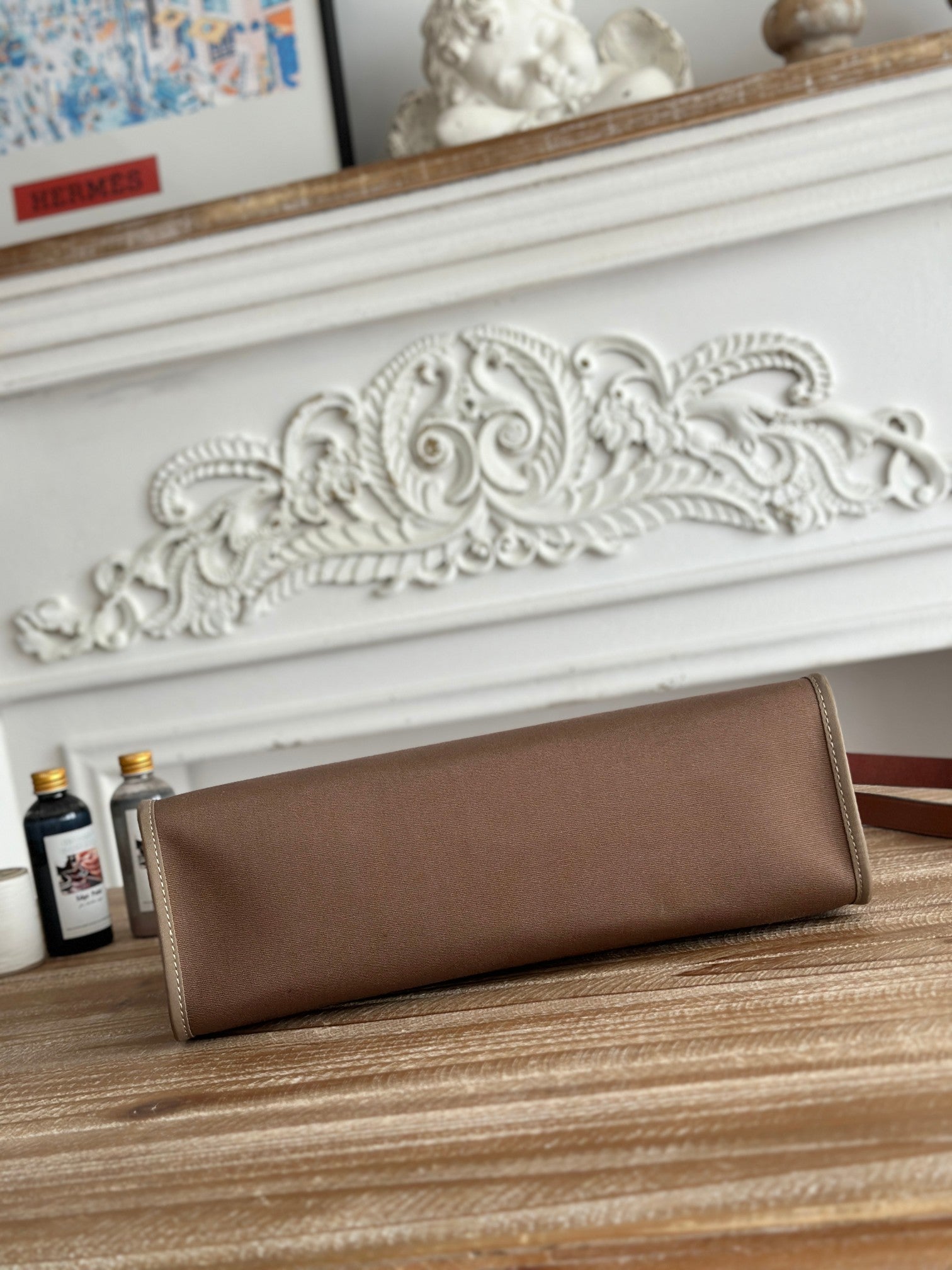 HERMES ZIP CABINE 31 BAG IN CHOCOLATE BROWN CANVAS AND BRONZE BROWN CALFSKIN