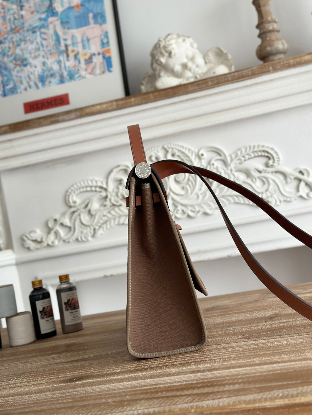 HERMES ZIP CABINE 31 BAG IN CHOCOLATE BROWN CANVAS AND BRONZE BROWN CALFSKIN