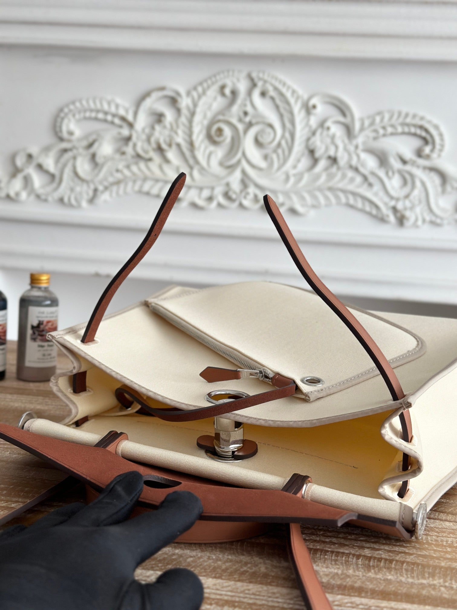 HERMES ZIP CABINE 31 BAG IN WHITE CREAM CANVAS AND BRONZE BROWN CALFSKIN