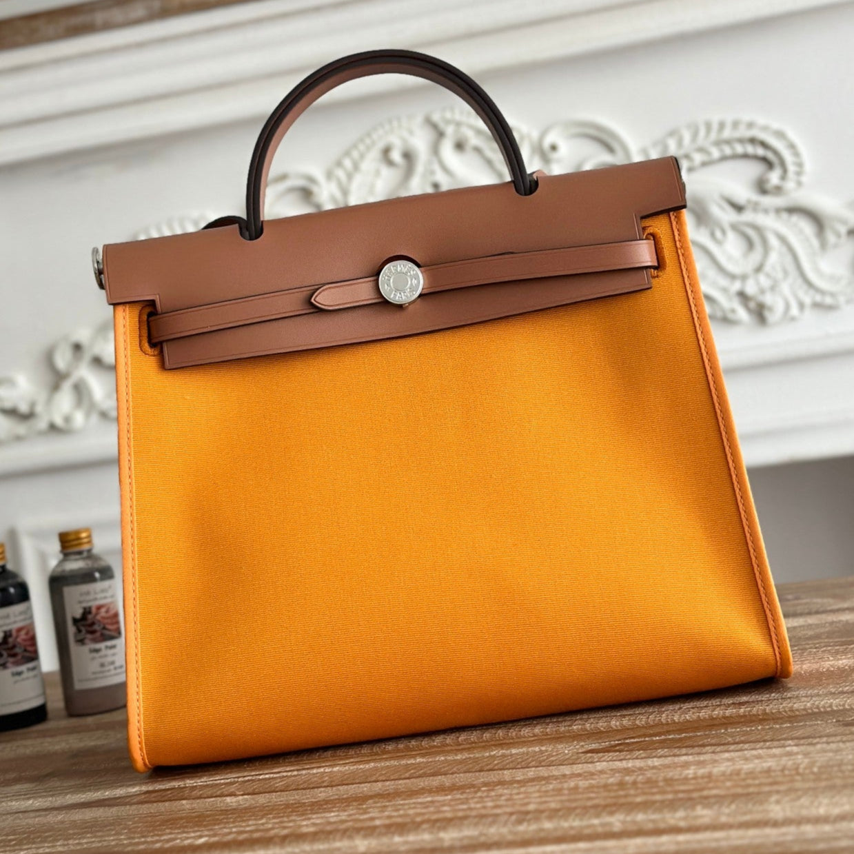 HERMES ZIP CABINE 31 BAG IN APRICOT ORANGE CANVAS AND BRONZE BROWN CALFSKIN