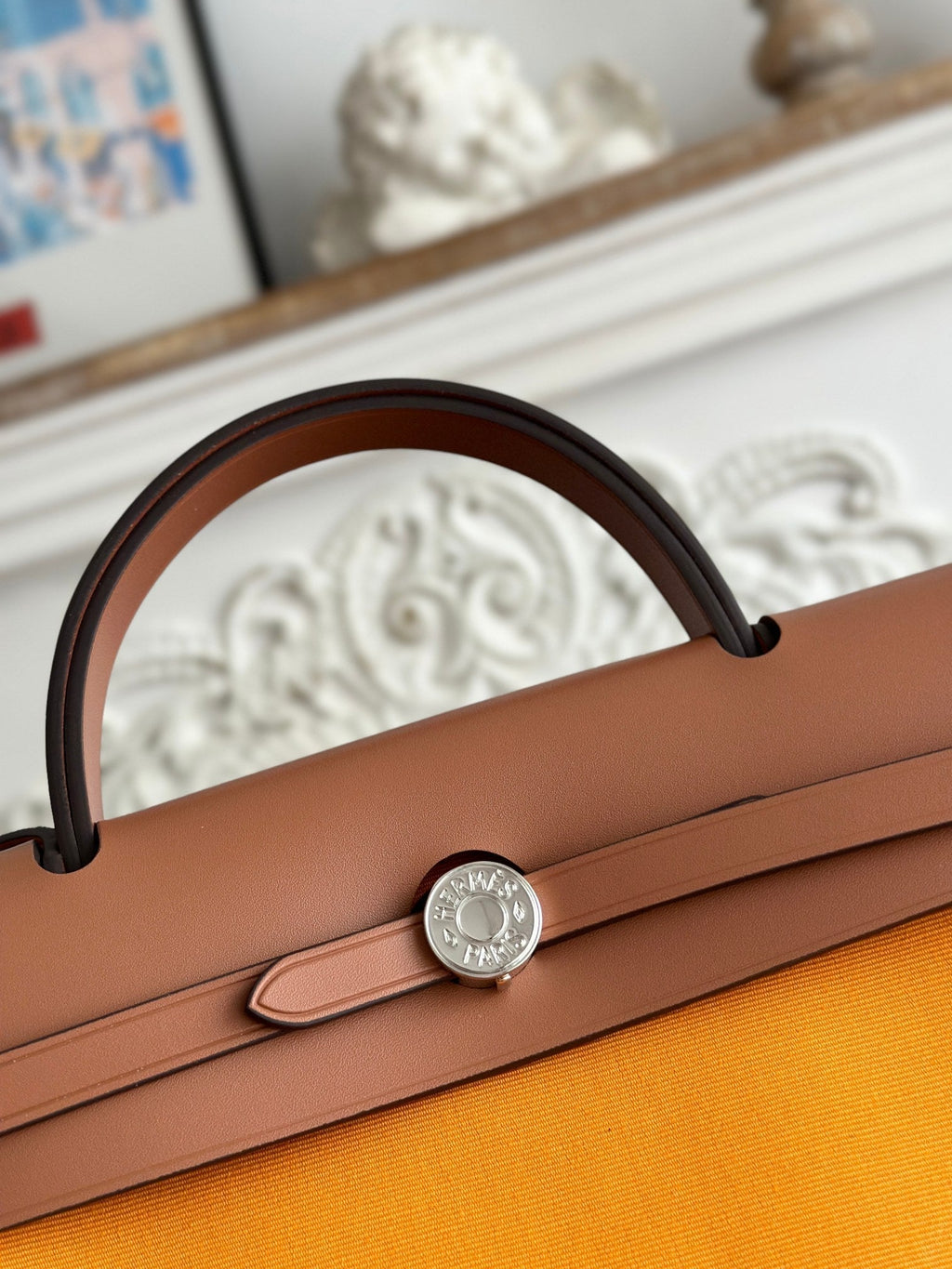 HERMES ZIP CABINE 31 BAG IN APRICOT ORANGE CANVAS AND BRONZE BROWN CALFSKIN
