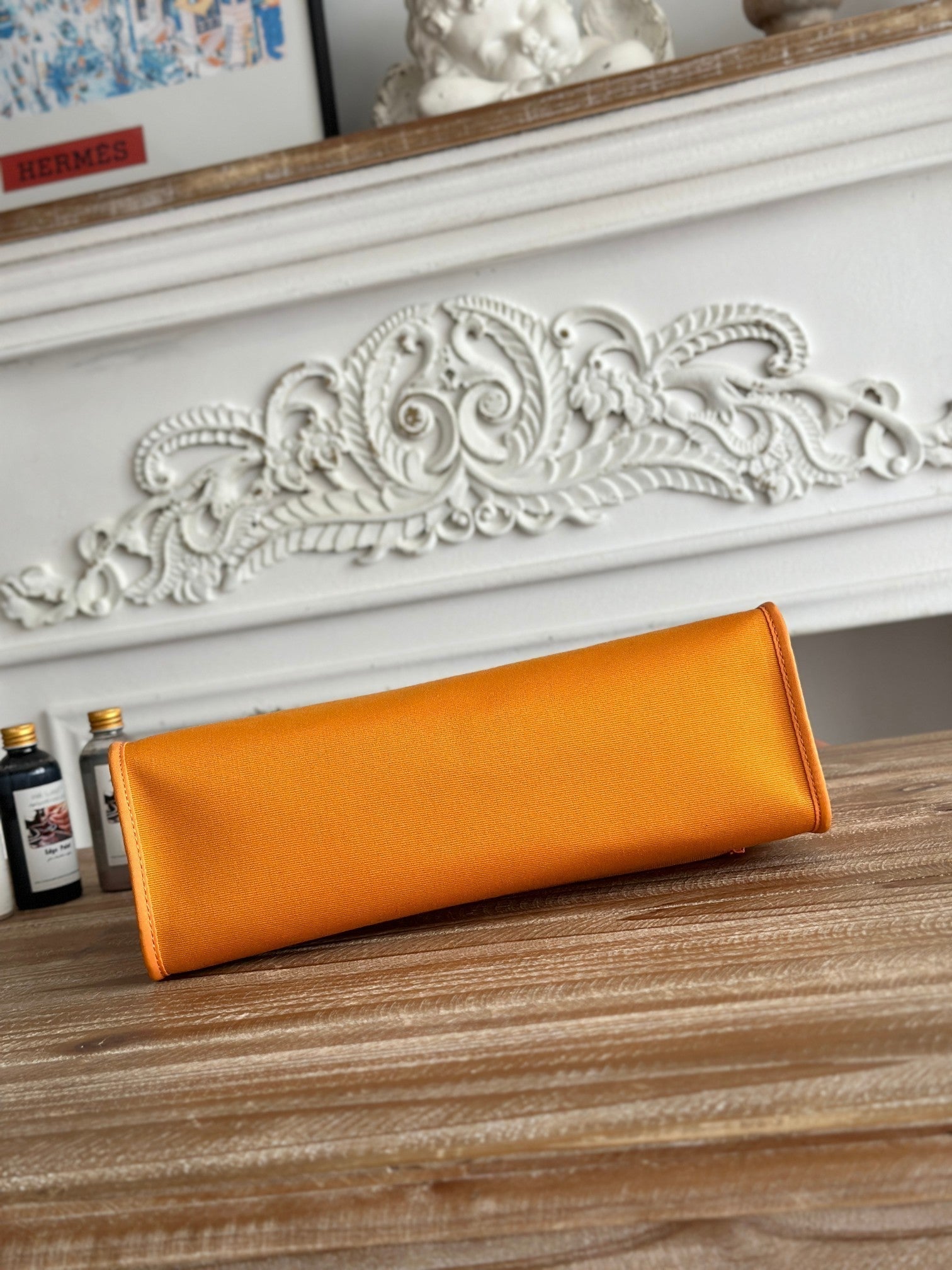 HERMES ZIP CABINE 31 BAG IN APRICOT ORANGE CANVAS AND BRONZE BROWN CALFSKIN