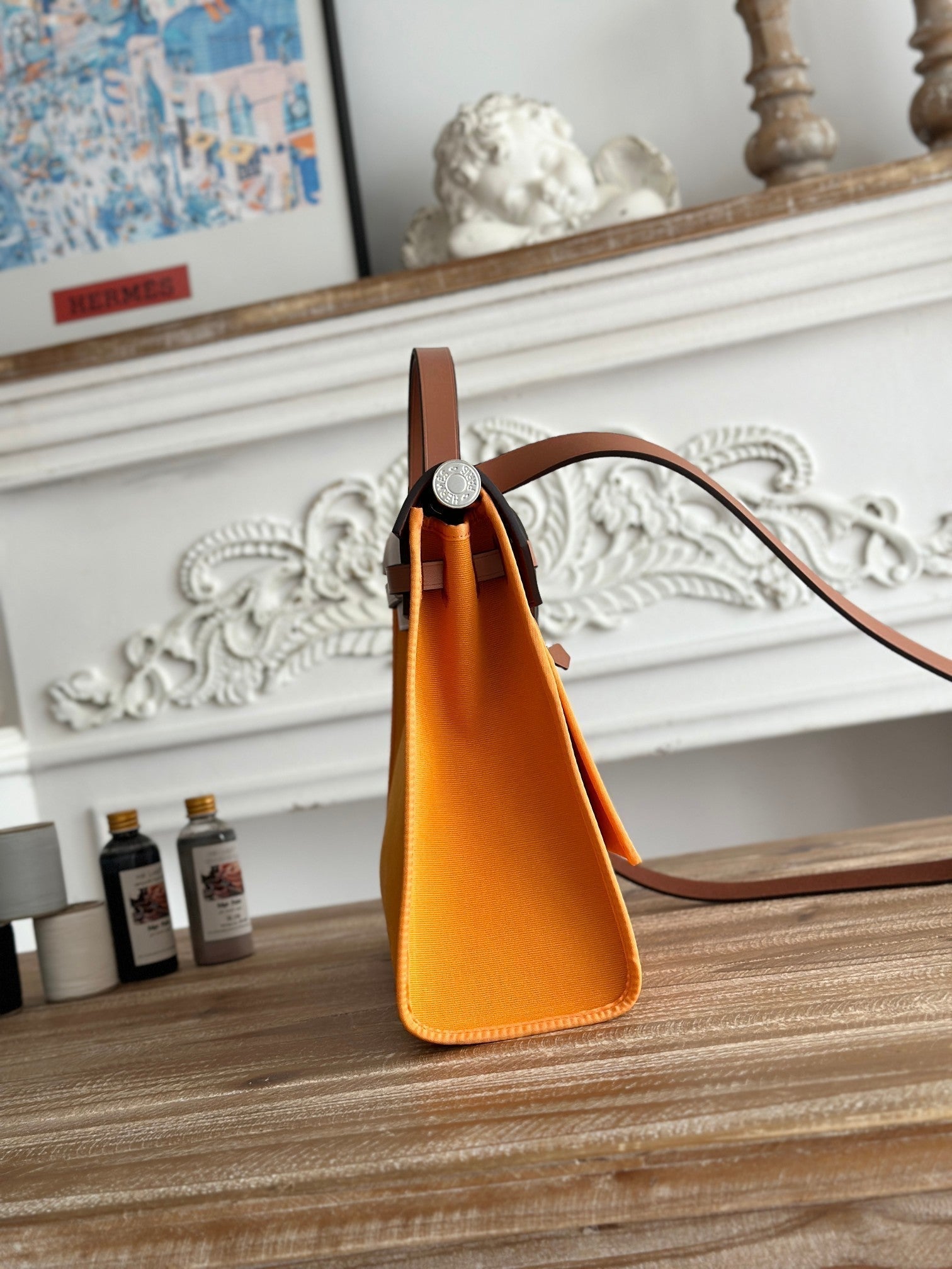 HERMES ZIP CABINE 31 BAG IN APRICOT ORANGE CANVAS AND BRONZE BROWN CALFSKIN
