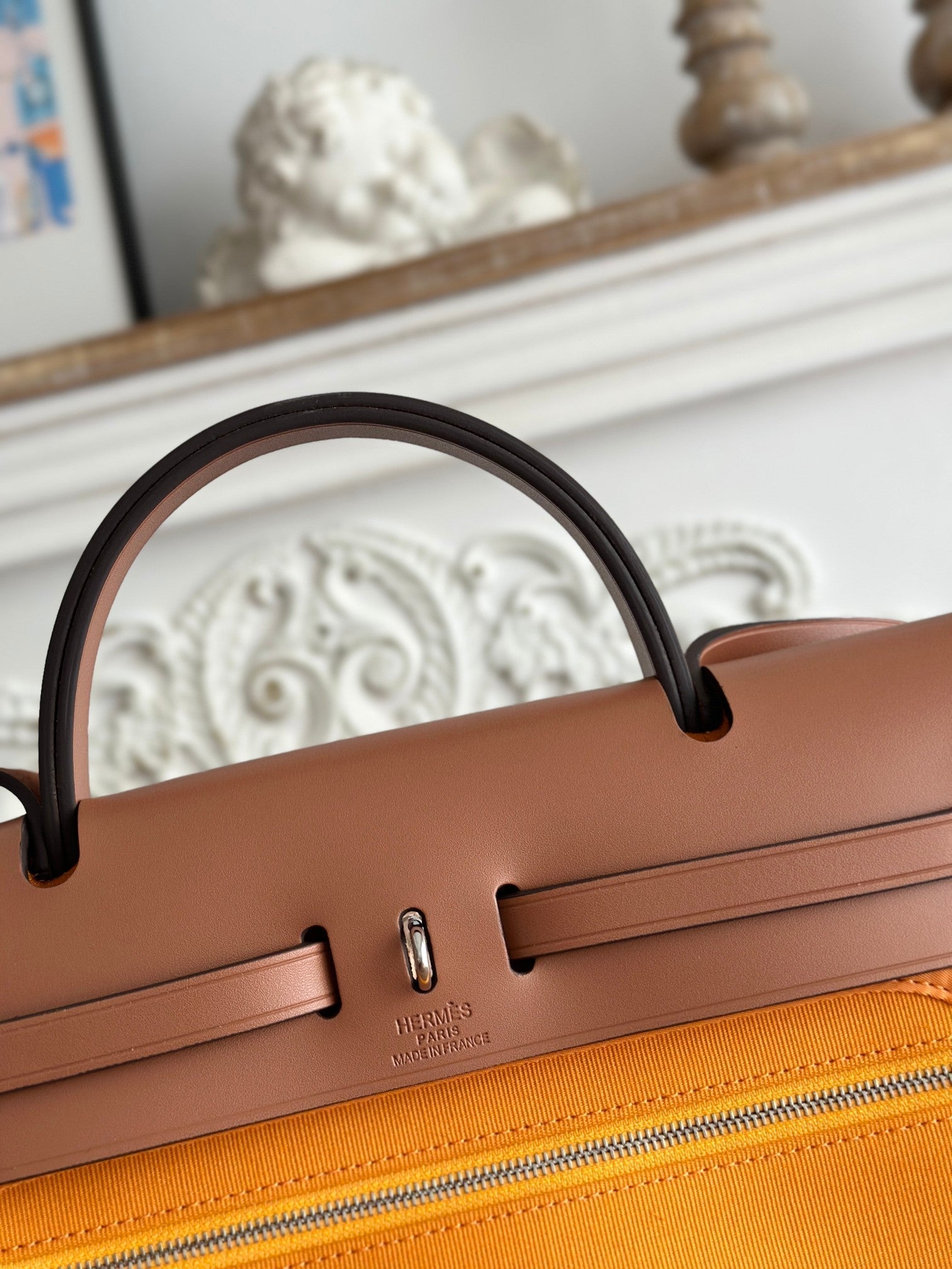 HERMES ZIP CABINE 31 BAG IN APRICOT ORANGE CANVAS AND BRONZE BROWN CALFSKIN