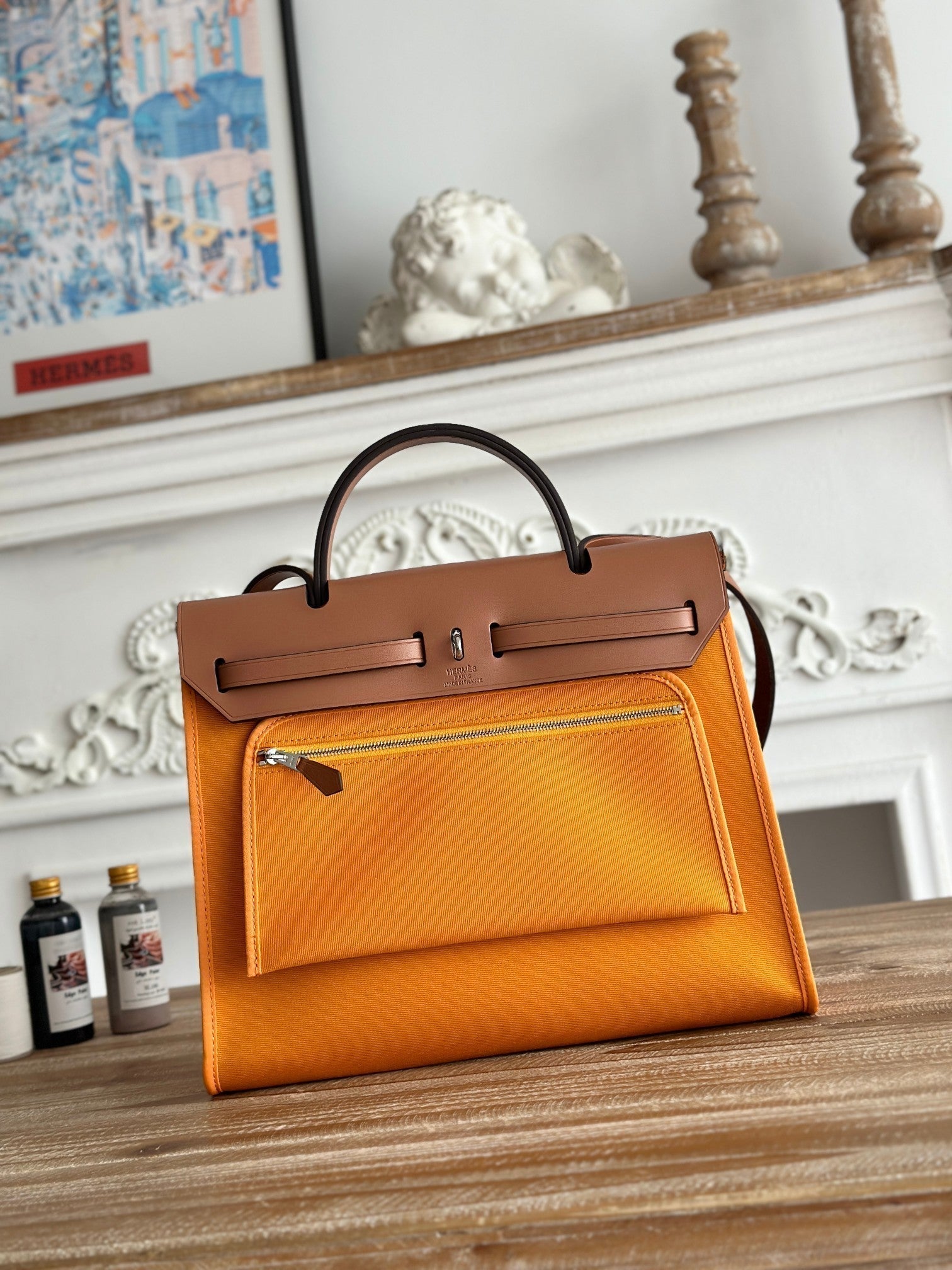 HERMES ZIP CABINE 31 BAG IN APRICOT ORANGE CANVAS AND BRONZE BROWN CALFSKIN