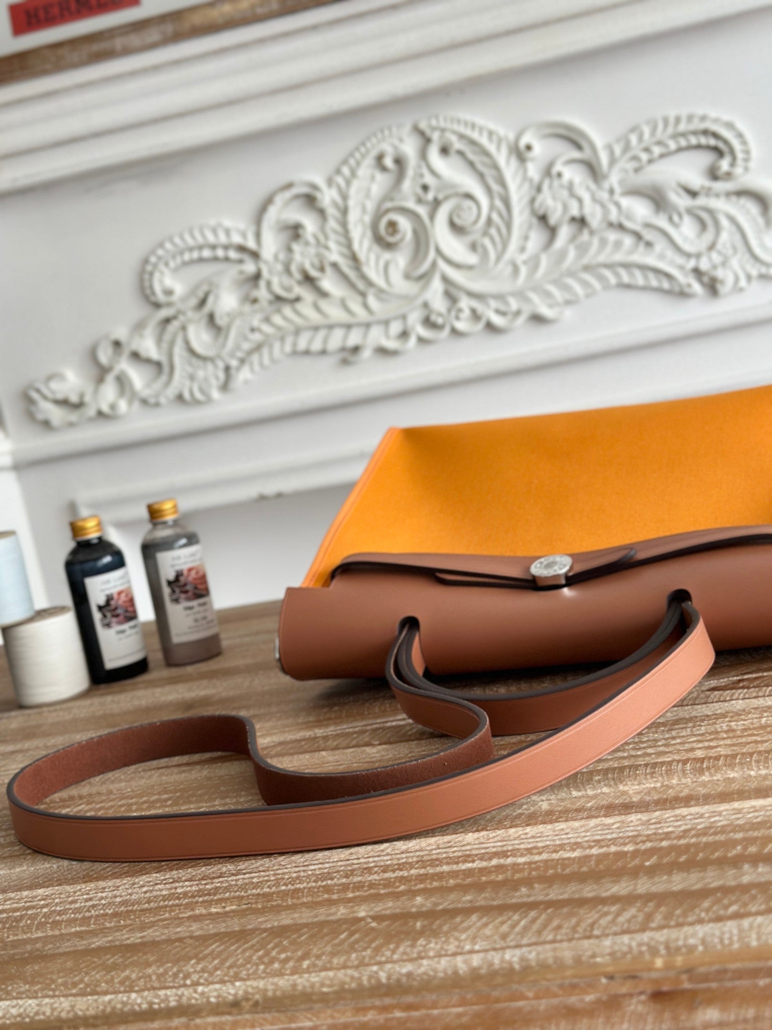 HERMES ZIP CABINE 31 BAG IN APRICOT ORANGE CANVAS AND BRONZE BROWN CALFSKIN