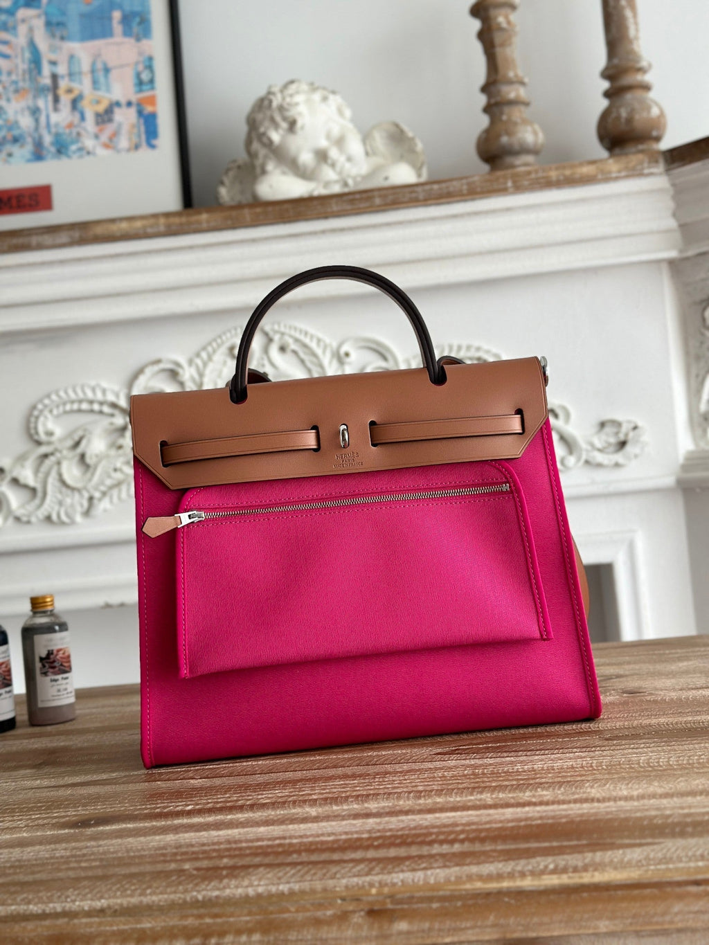 HERMES ZIP CABINE 31 BAG IN FUCHSIA PINK CANVAS AND BRONZE BROWN CALFSKIN