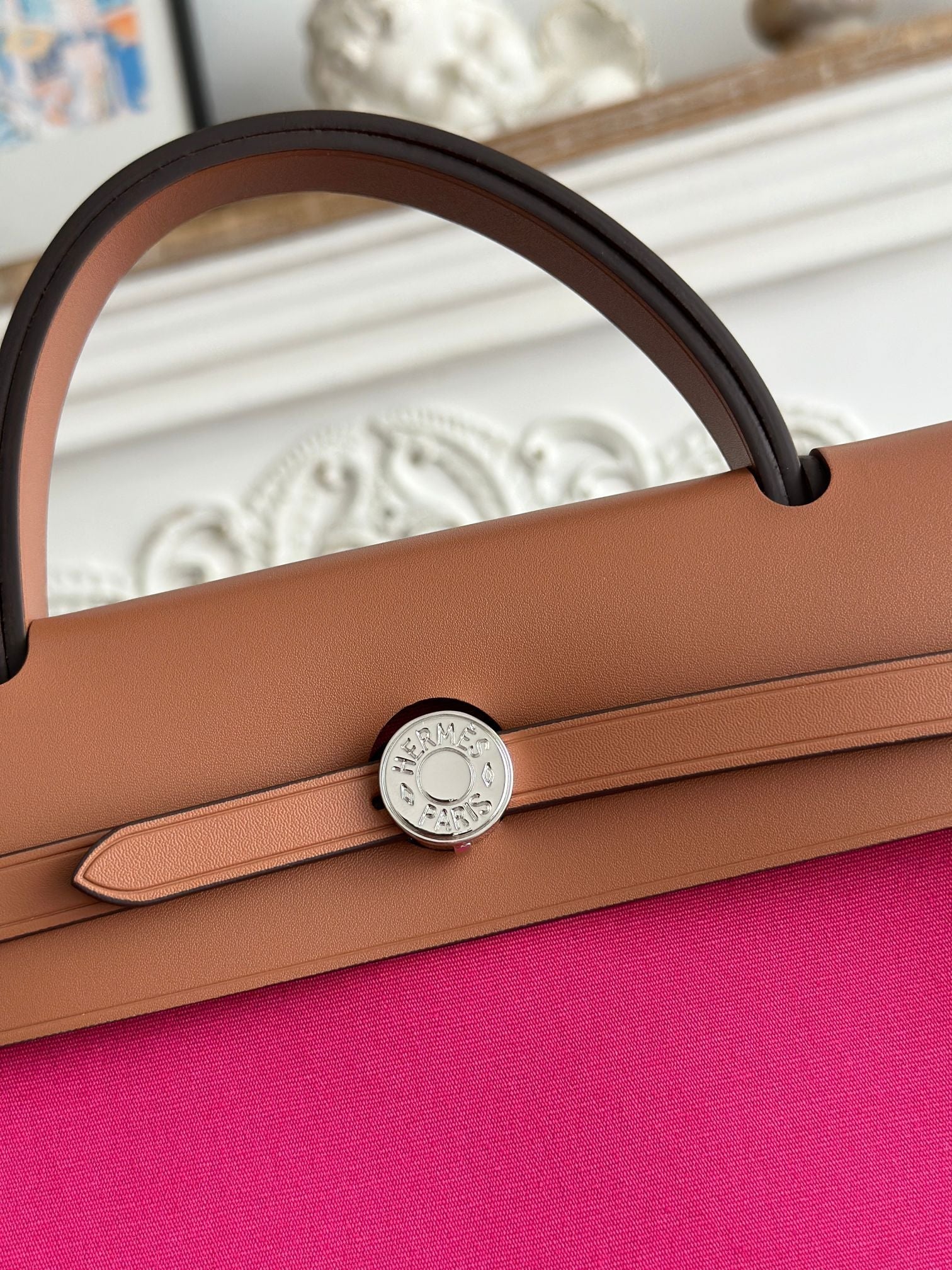 HERMES ZIP CABINE 31 BAG IN FUCHSIA PINK CANVAS AND BRONZE BROWN CALFSKIN