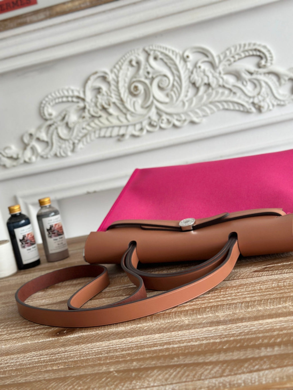 HERMES ZIP CABINE 31 BAG IN FUCHSIA PINK CANVAS AND BRONZE BROWN CALFSKIN