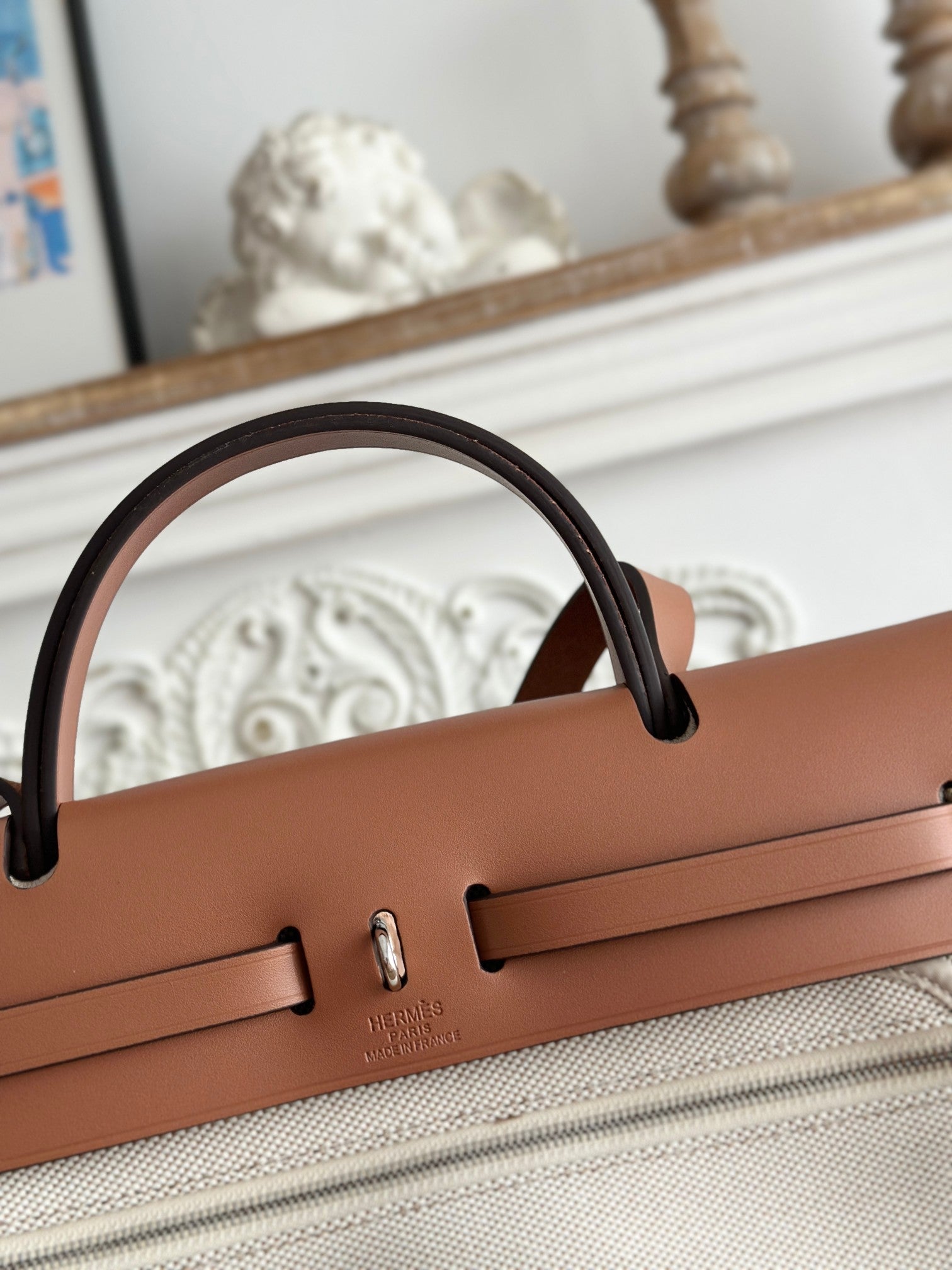 HERMES ZIP CABINE 31 BAG IN PALE GRAY CANVAS AND BRONZE BROWN CALFSKIN