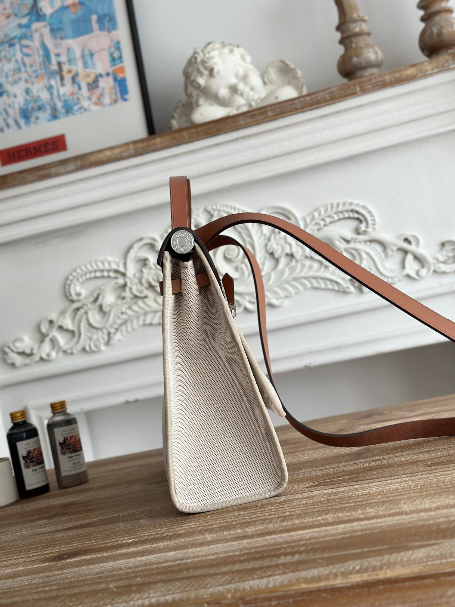HERMES ZIP CABINE 31 BAG IN PALE GRAY CANVAS AND BRONZE BROWN CALFSKIN