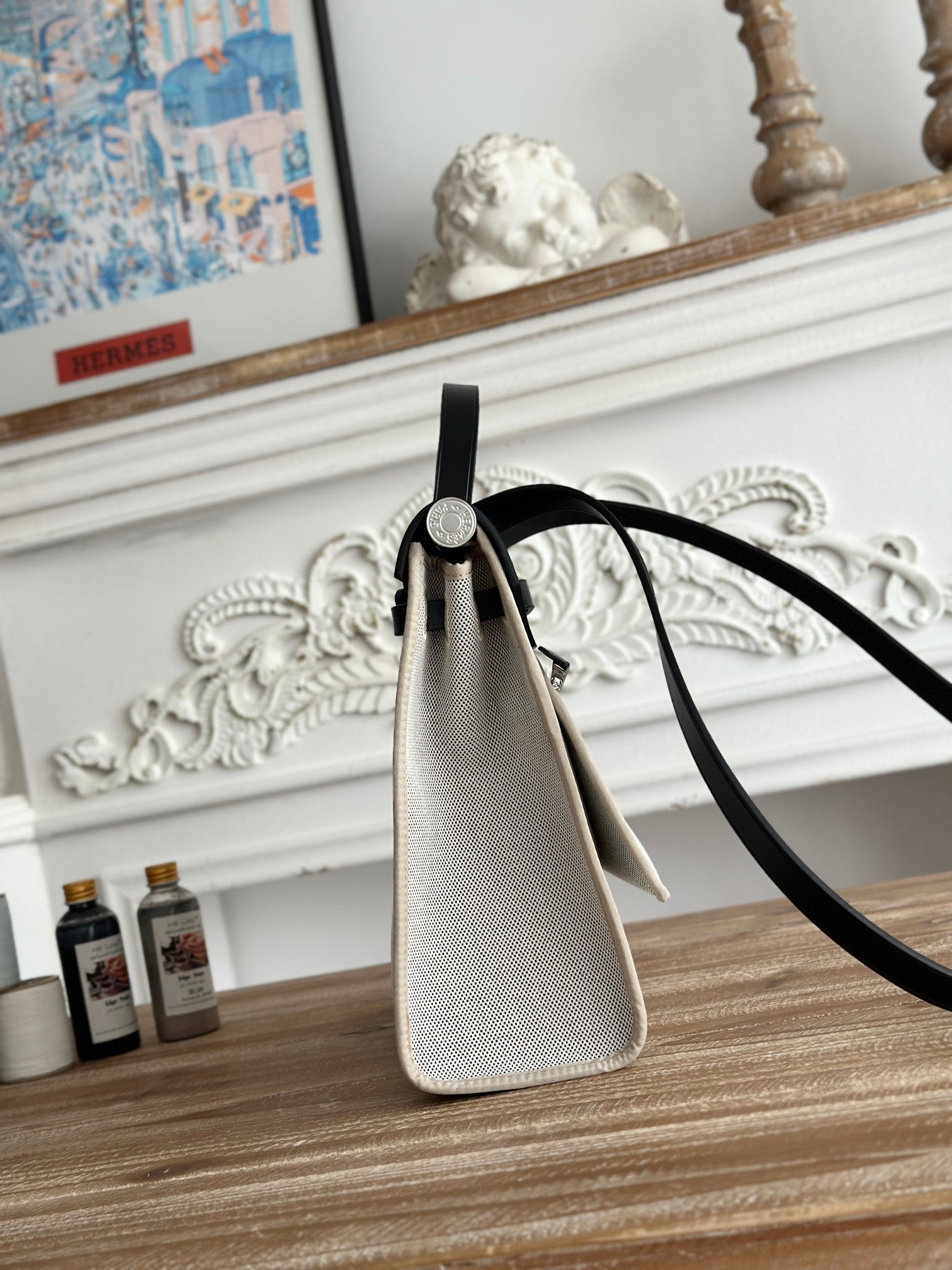HERMES ZIP CABINE 31 BAG IN PALE GRAY CANVAS AND BLACK CALFSKIN