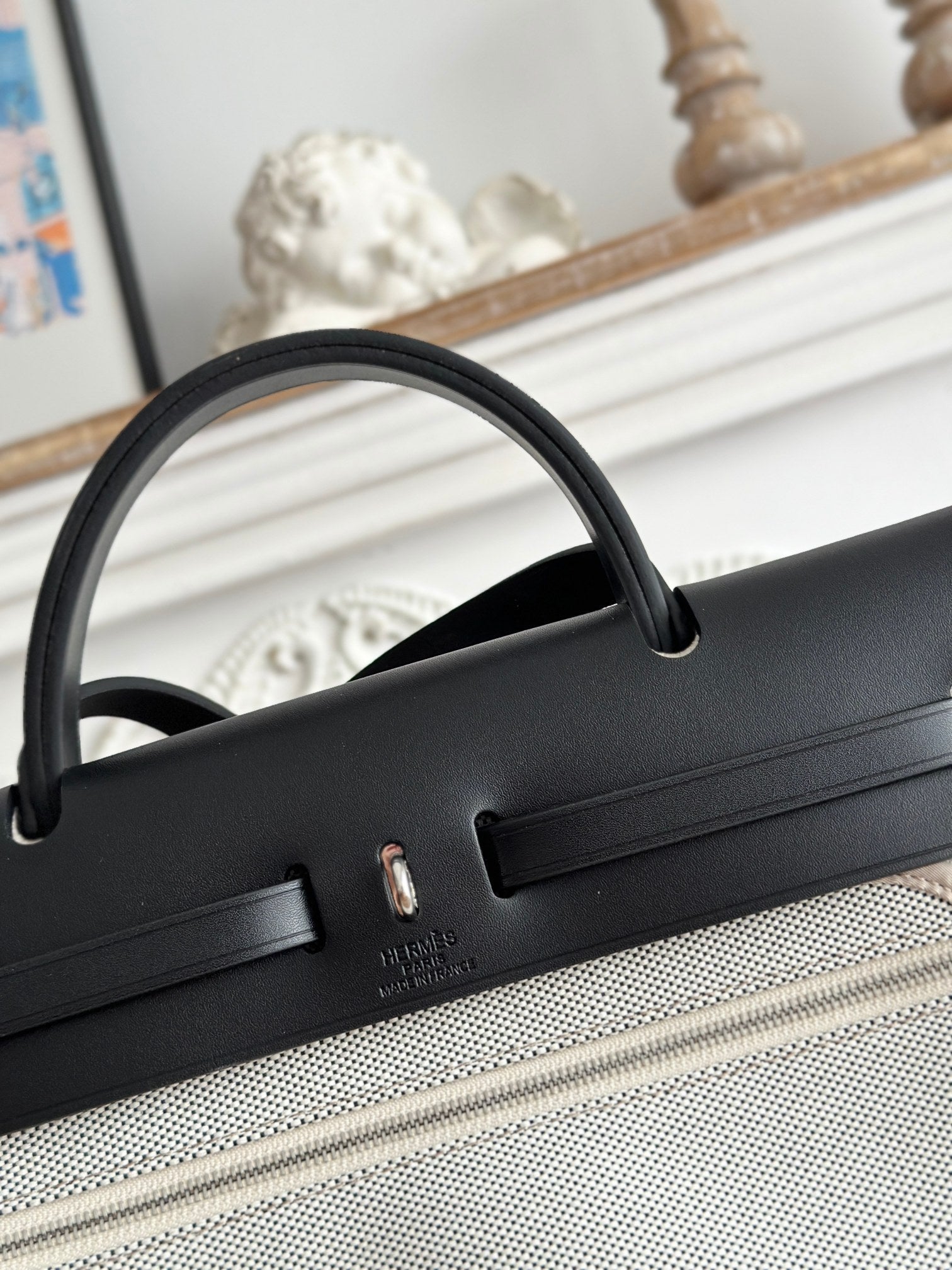 HERMES ZIP CABINE 31 BAG IN PALE GRAY CANVAS AND BLACK CALFSKIN