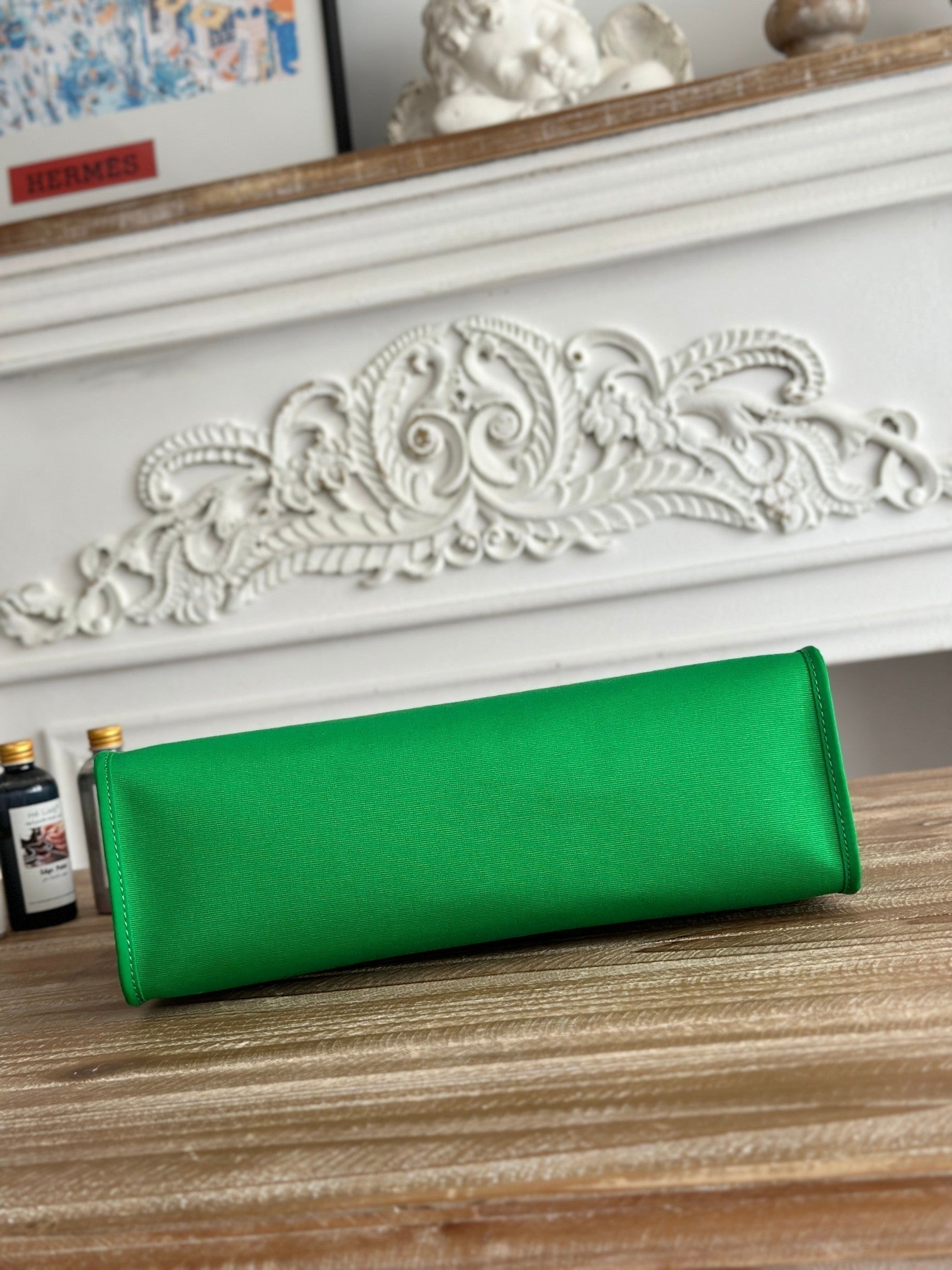 HERMES ZIP CABINE 31 BAG IN EMERALD GREEN CANVAS AND BLACK CALFSKIN