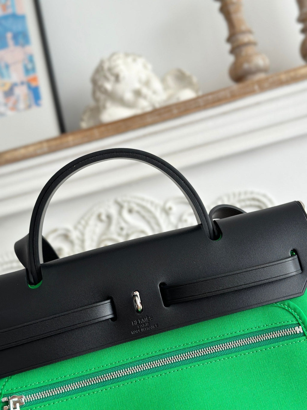 HERMES ZIP CABINE 31 BAG IN EMERALD GREEN CANVAS AND BLACK CALFSKIN