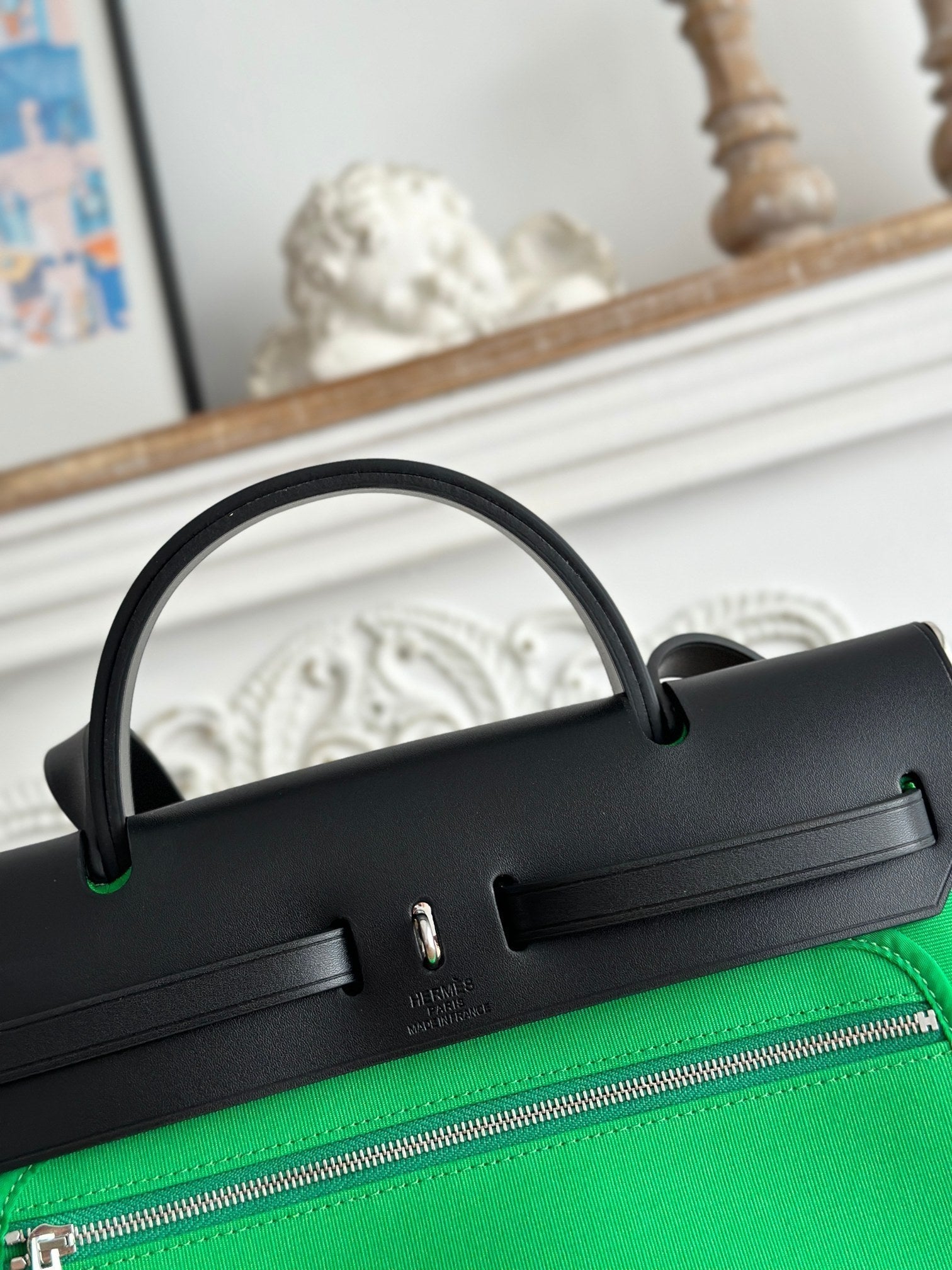 HERMES ZIP CABINE 31 BAG IN EMERALD GREEN CANVAS AND BLACK CALFSKIN