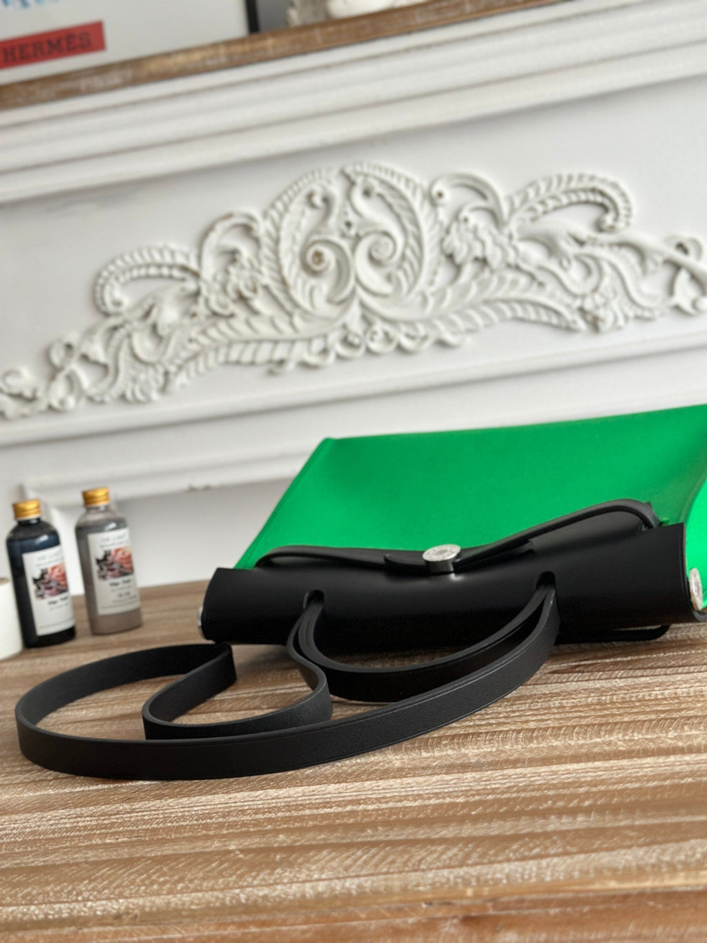 HERMES ZIP CABINE 31 BAG IN EMERALD GREEN CANVAS AND BLACK CALFSKIN