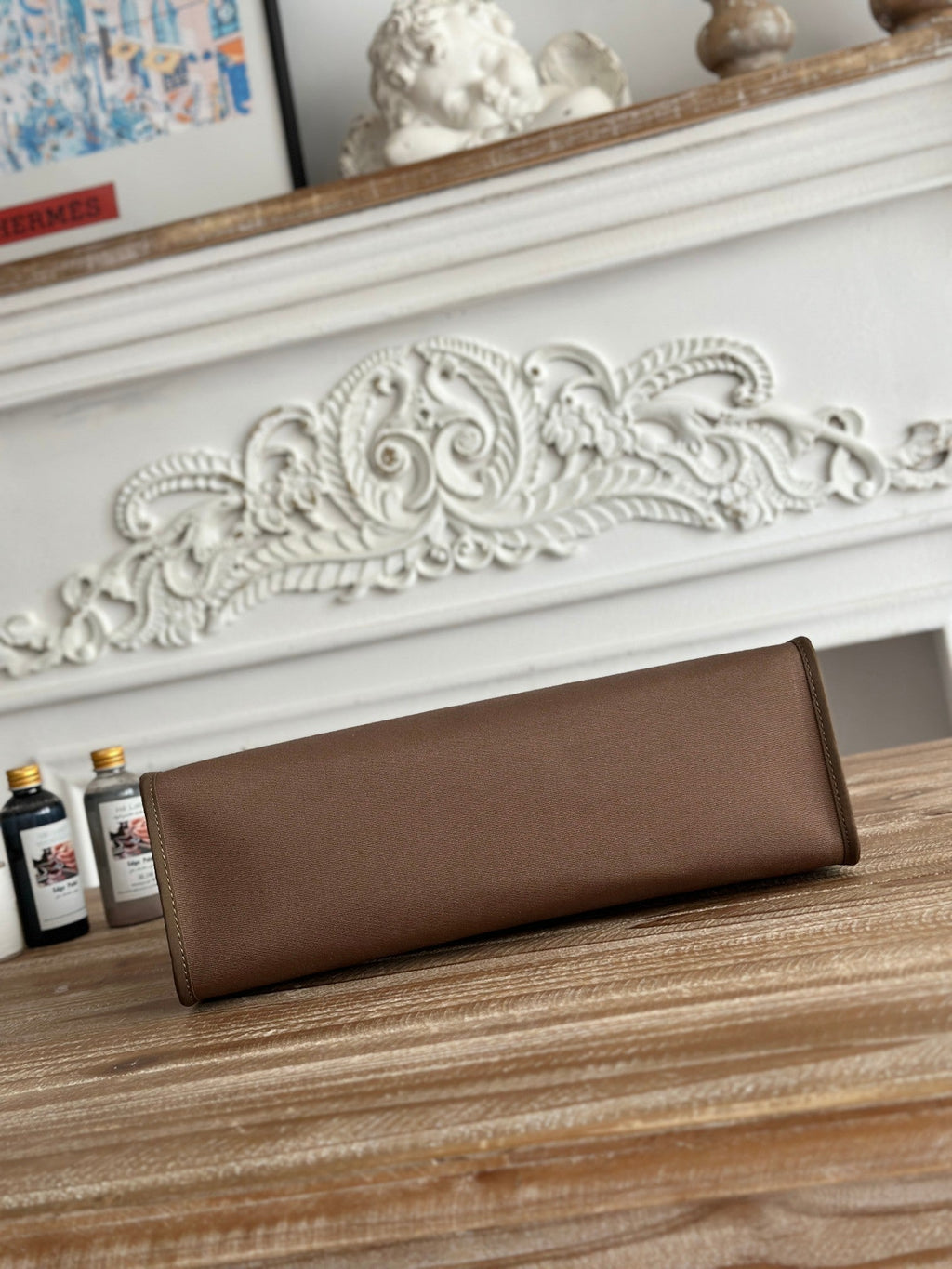 HERMES ZIP CABINE 31 BAG IN CHOCOLATE BROWN CANVAS AND BLACK CALFSKIN