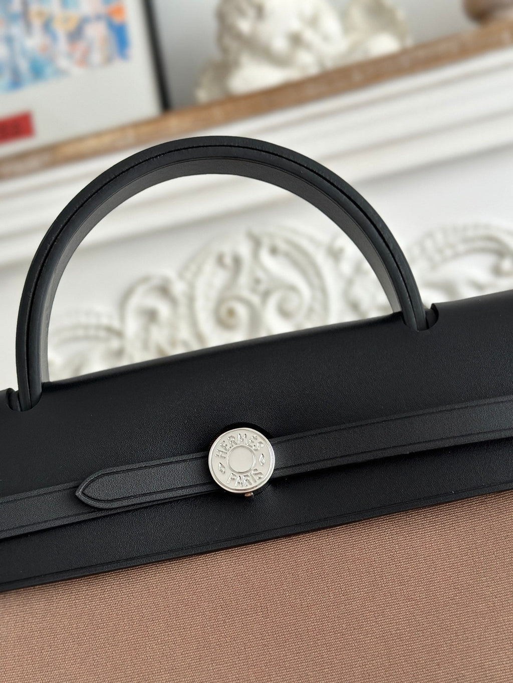 HERMES ZIP CABINE 31 BAG IN CHOCOLATE BROWN CANVAS AND BLACK CALFSKIN