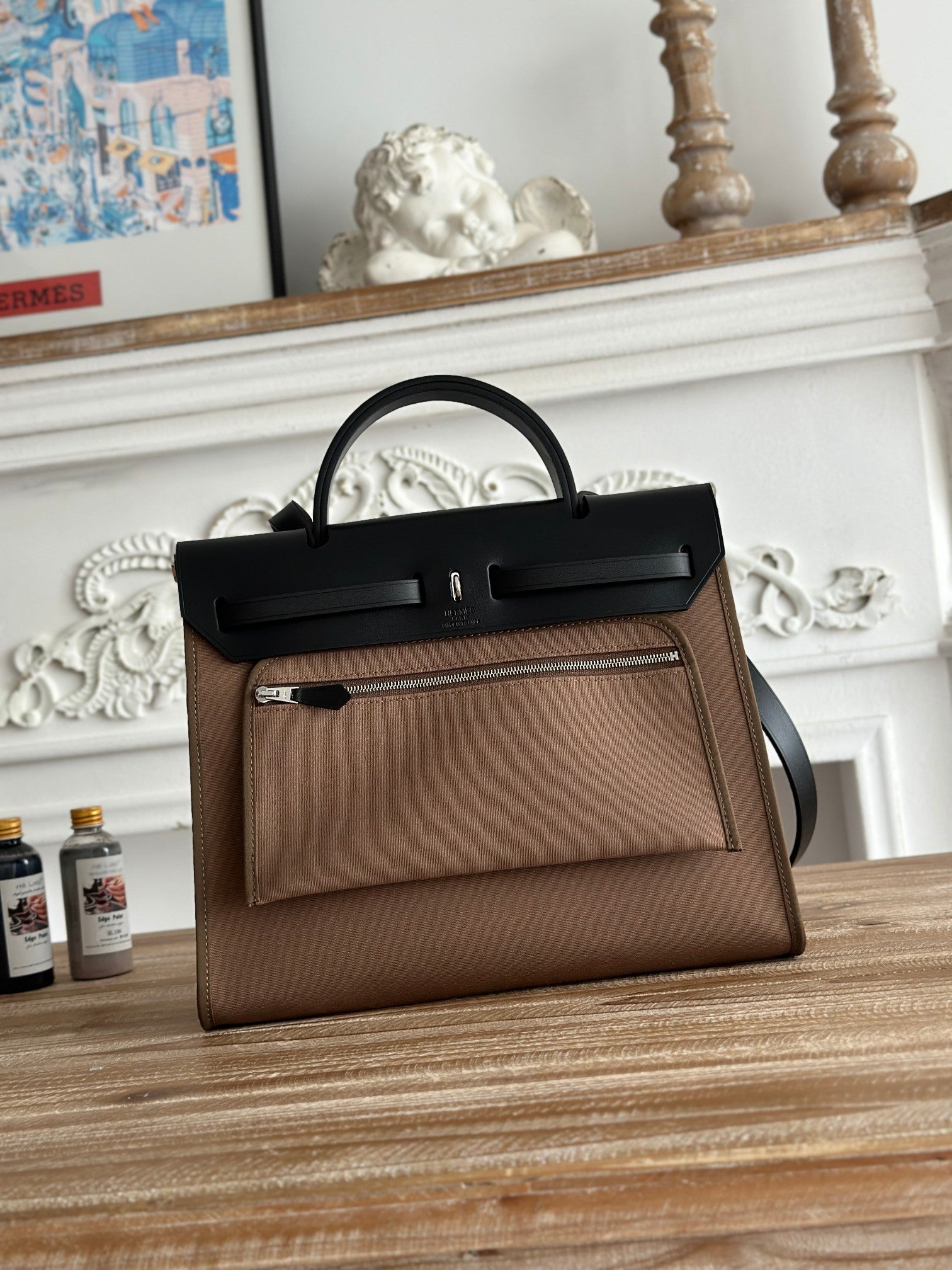 HERMES ZIP CABINE 31 BAG IN CHOCOLATE BROWN CANVAS AND BLACK CALFSKIN