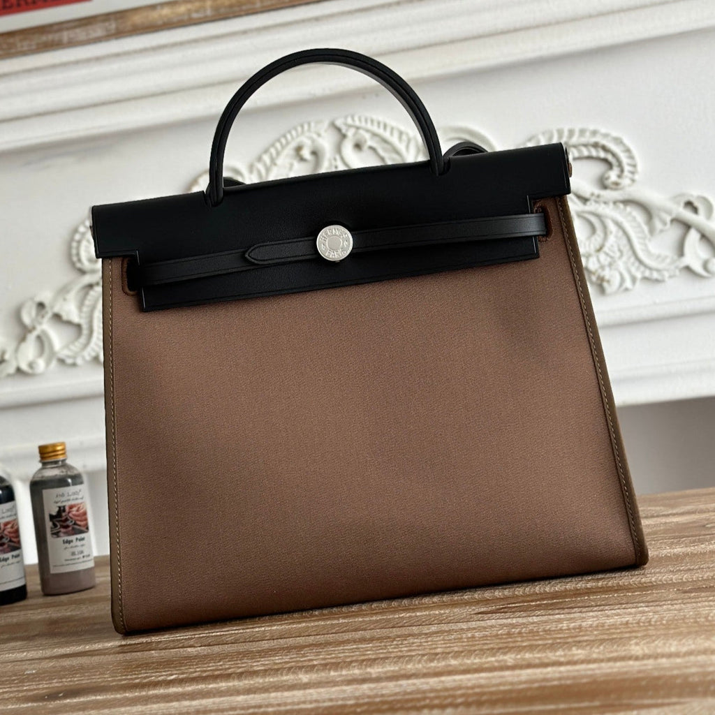HERMES ZIP CABINE 31 BAG IN CHOCOLATE BROWN CANVAS AND BLACK CALFSKIN