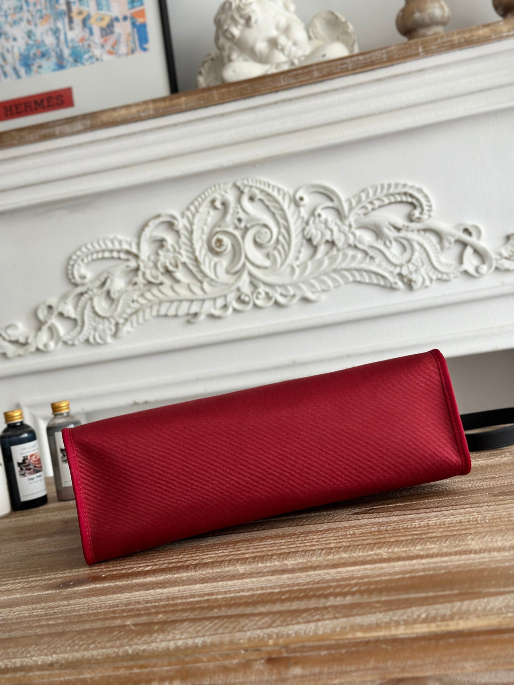 HERMES ZIP CABINE 31 BAG IN RUBY RED CANVAS AND BLACK CALFSKIN