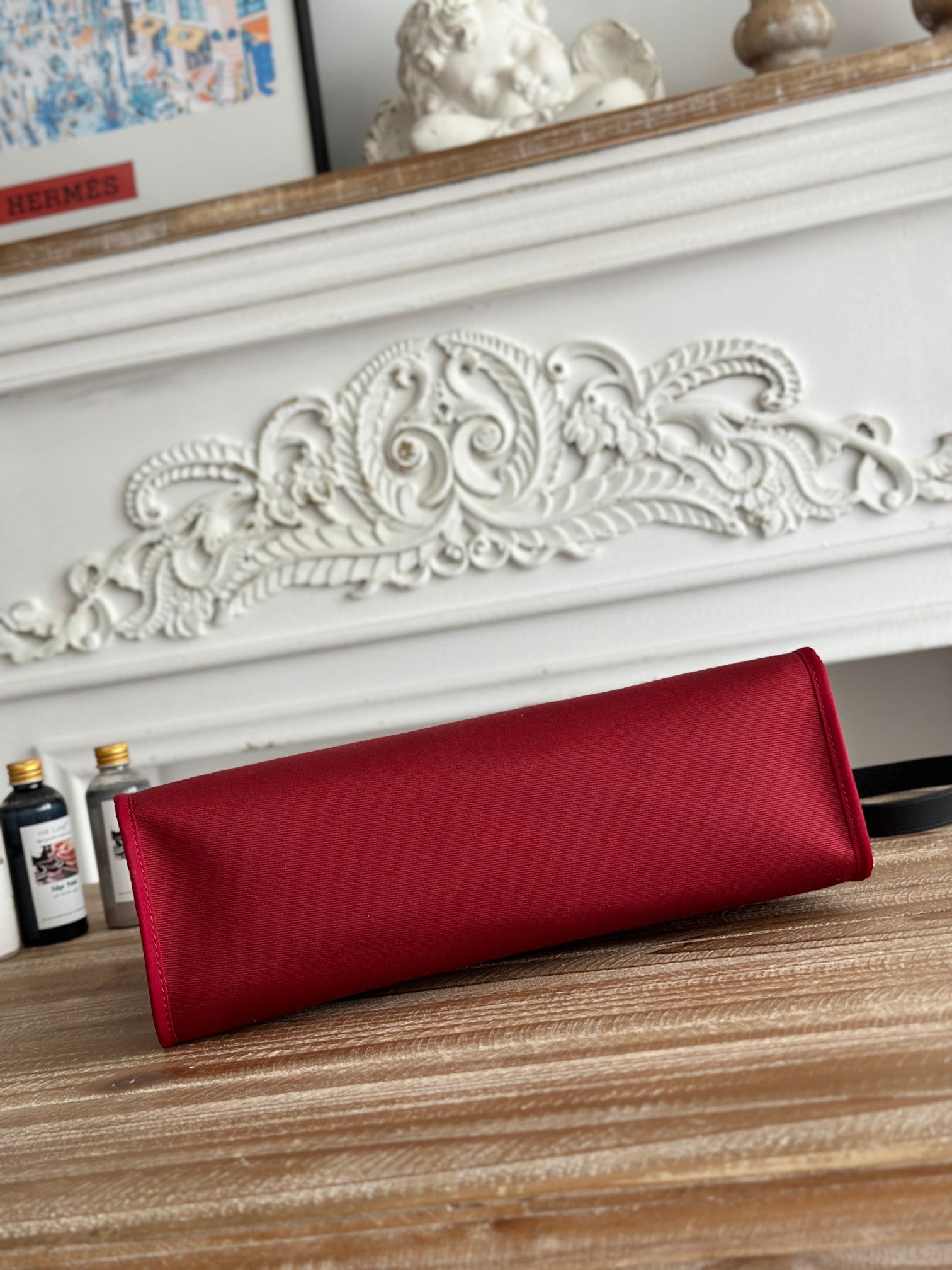 HERMES ZIP CABINE 31 BAG IN RUBY RED CANVAS AND BLACK CALFSKIN
