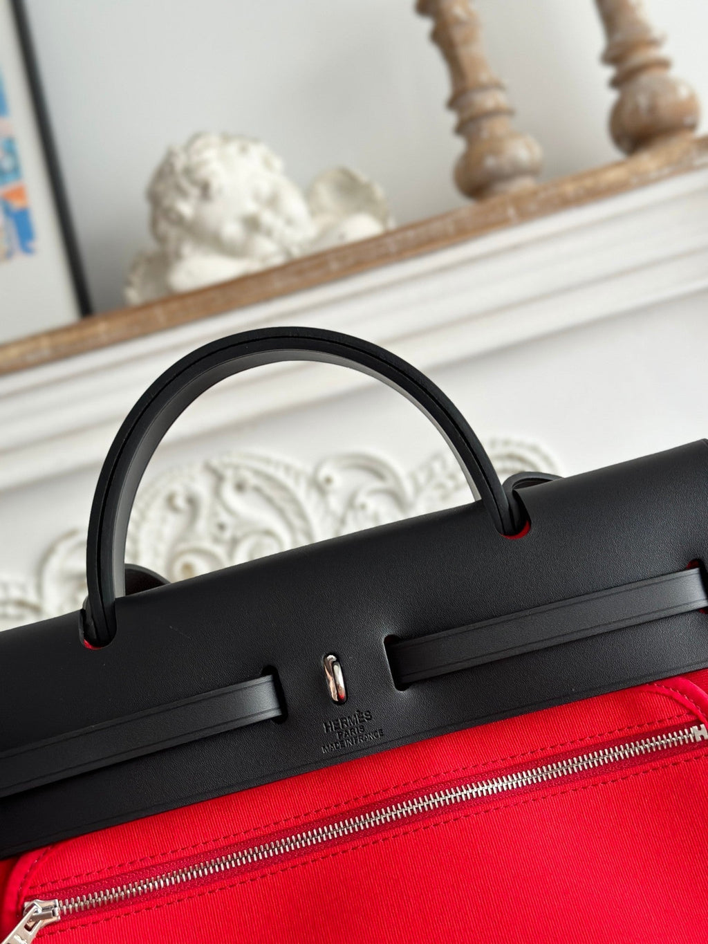 HERMES ZIP CABINE 31 BAG IN CLASSIC RED CANVAS AND BLACK CALFSKIN