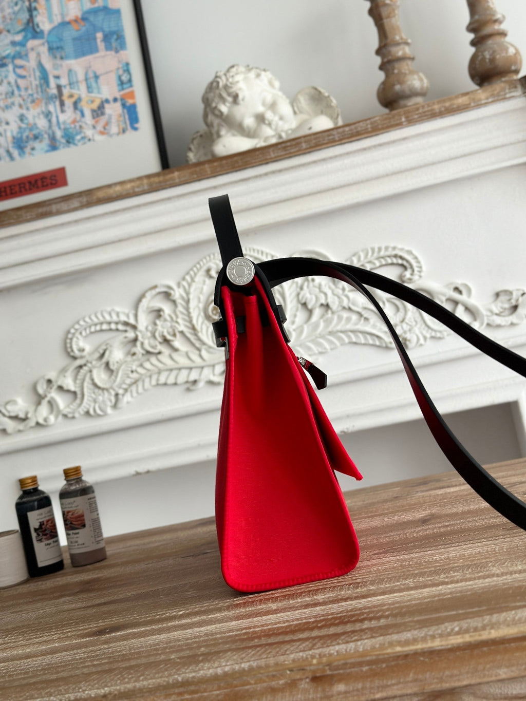 HERMES ZIP CABINE 31 BAG IN CLASSIC RED CANVAS AND BLACK CALFSKIN