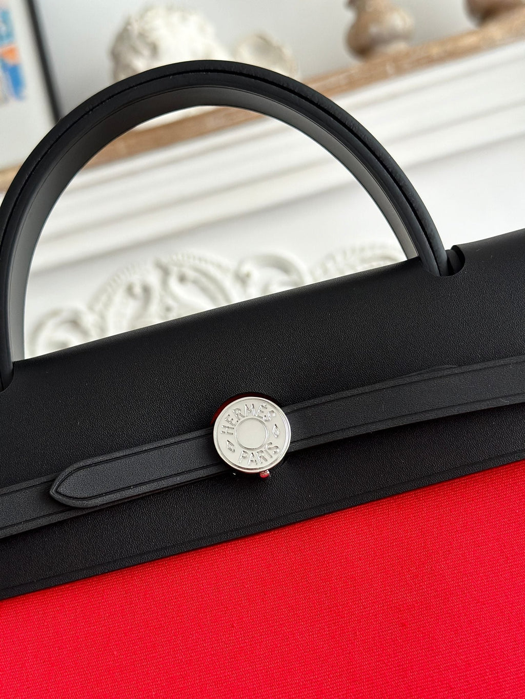 HERMES ZIP CABINE 31 BAG IN CLASSIC RED CANVAS AND BLACK CALFSKIN