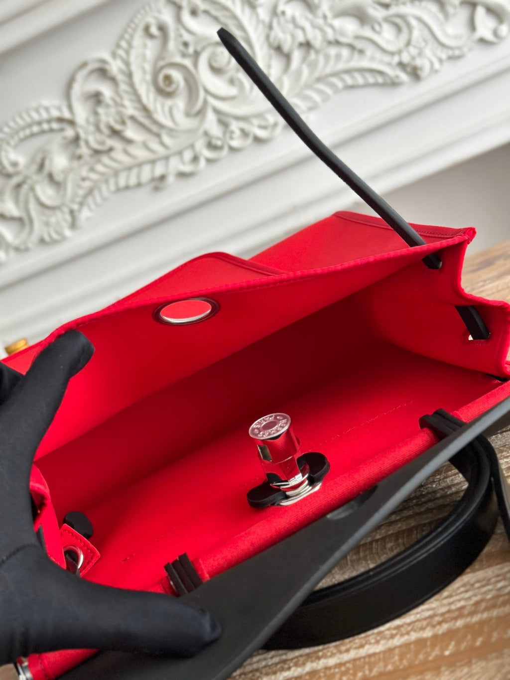 HERMES ZIP CABINE 31 BAG IN CLASSIC RED CANVAS AND BLACK CALFSKIN