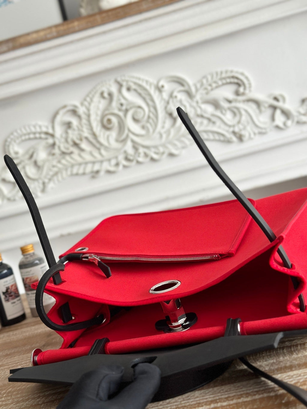 HERMES ZIP CABINE 31 BAG IN CLASSIC RED CANVAS AND BLACK CALFSKIN