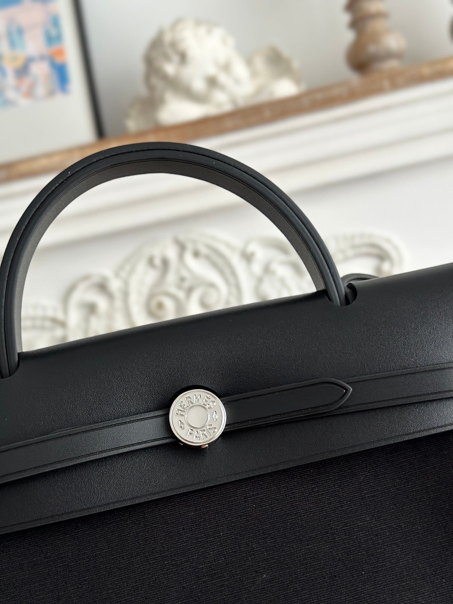 HERMES ZIP CABINE 31 BAG IN BLACK CANVAS AND CALFSKIN