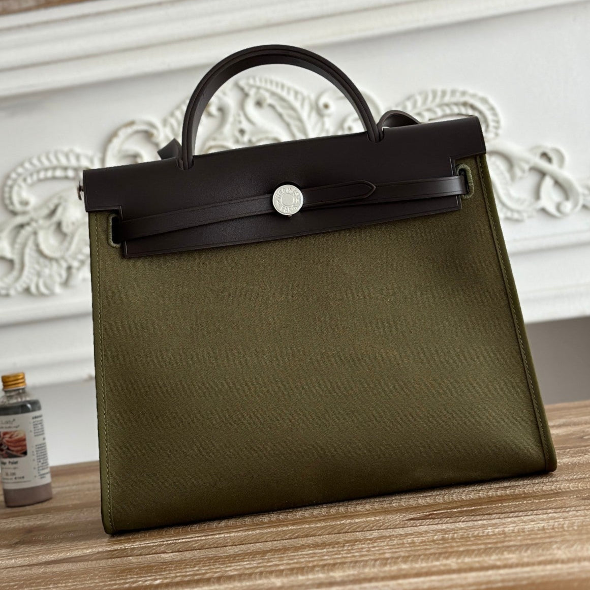 HERMES ZIP CABINE 31 BAG IN OLIVE GREEN CANVAS AND BLACK CALFSKIN