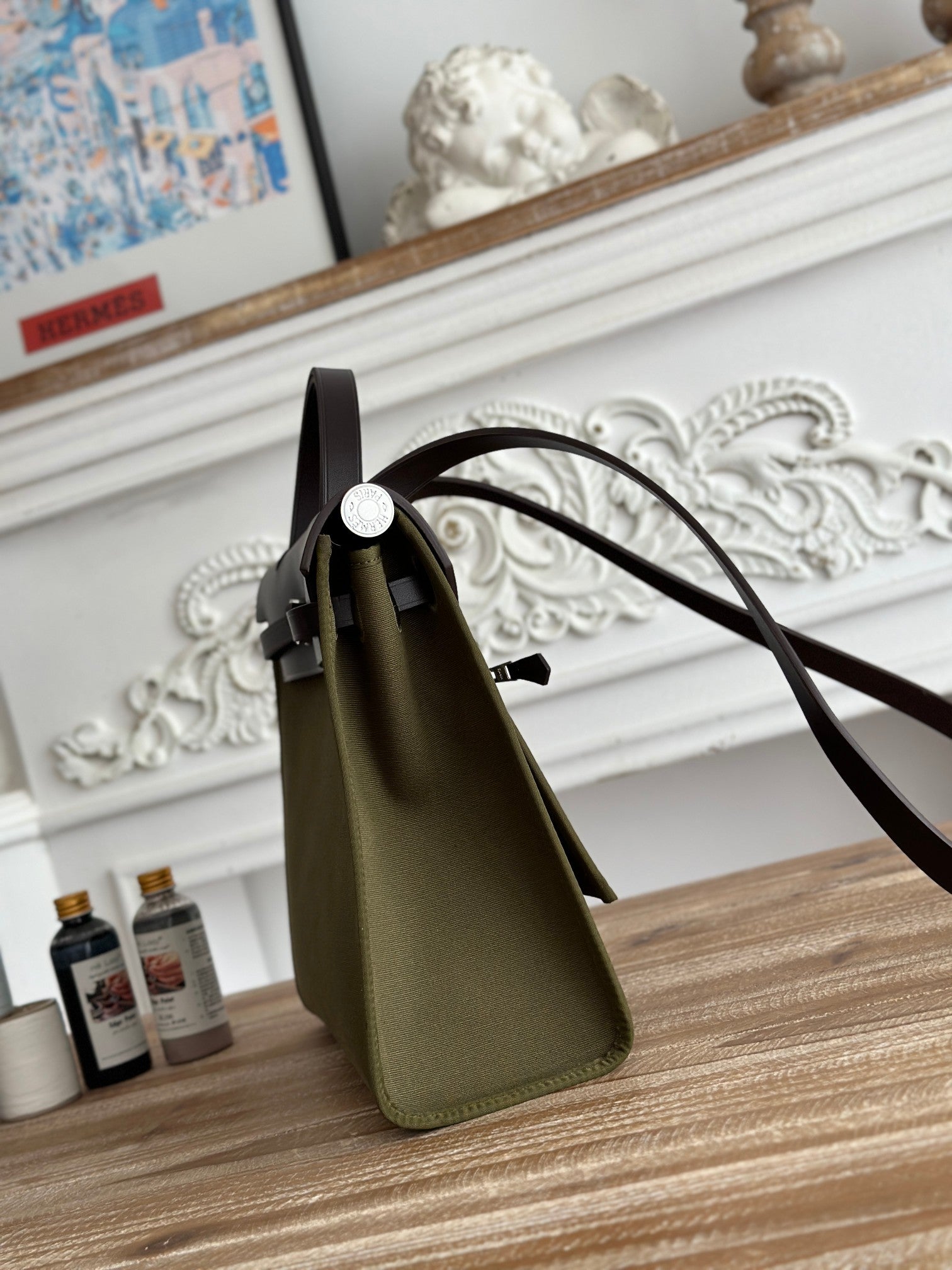 HERMES ZIP CABINE 31 BAG IN OLIVE GREEN CANVAS AND BLACK CALFSKIN