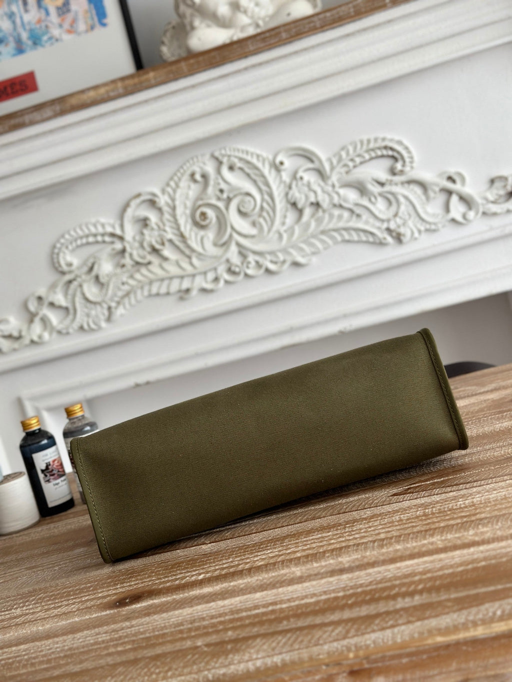 HERMES ZIP CABINE 31 BAG IN OLIVE GREEN CANVAS AND BLACK CALFSKIN