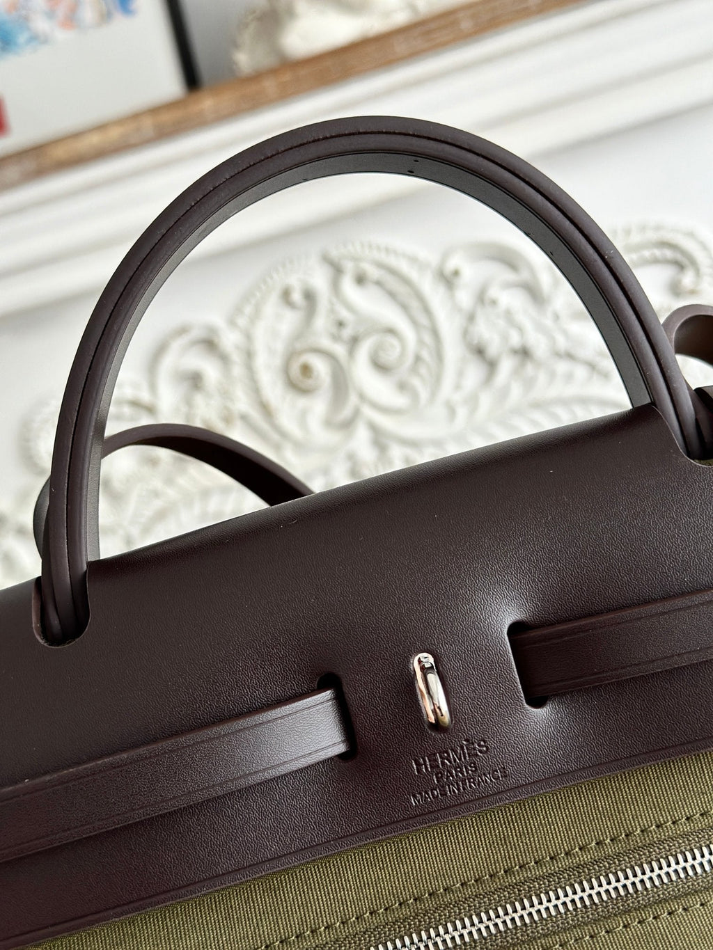 HERMES ZIP CABINE 31 BAG IN OLIVE GREEN CANVAS AND BLACK CALFSKIN