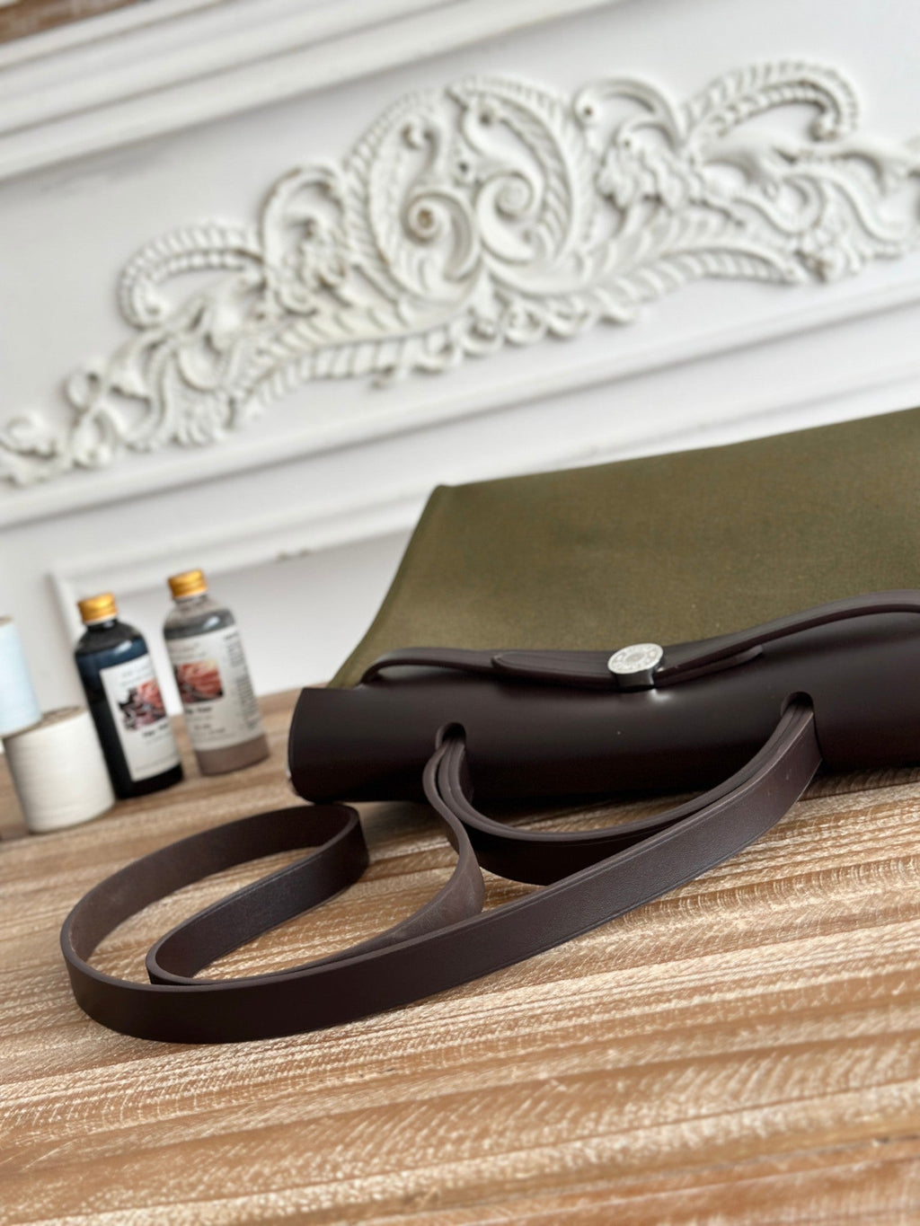 HERMES ZIP CABINE 31 BAG IN OLIVE GREEN CANVAS AND BLACK CALFSKIN