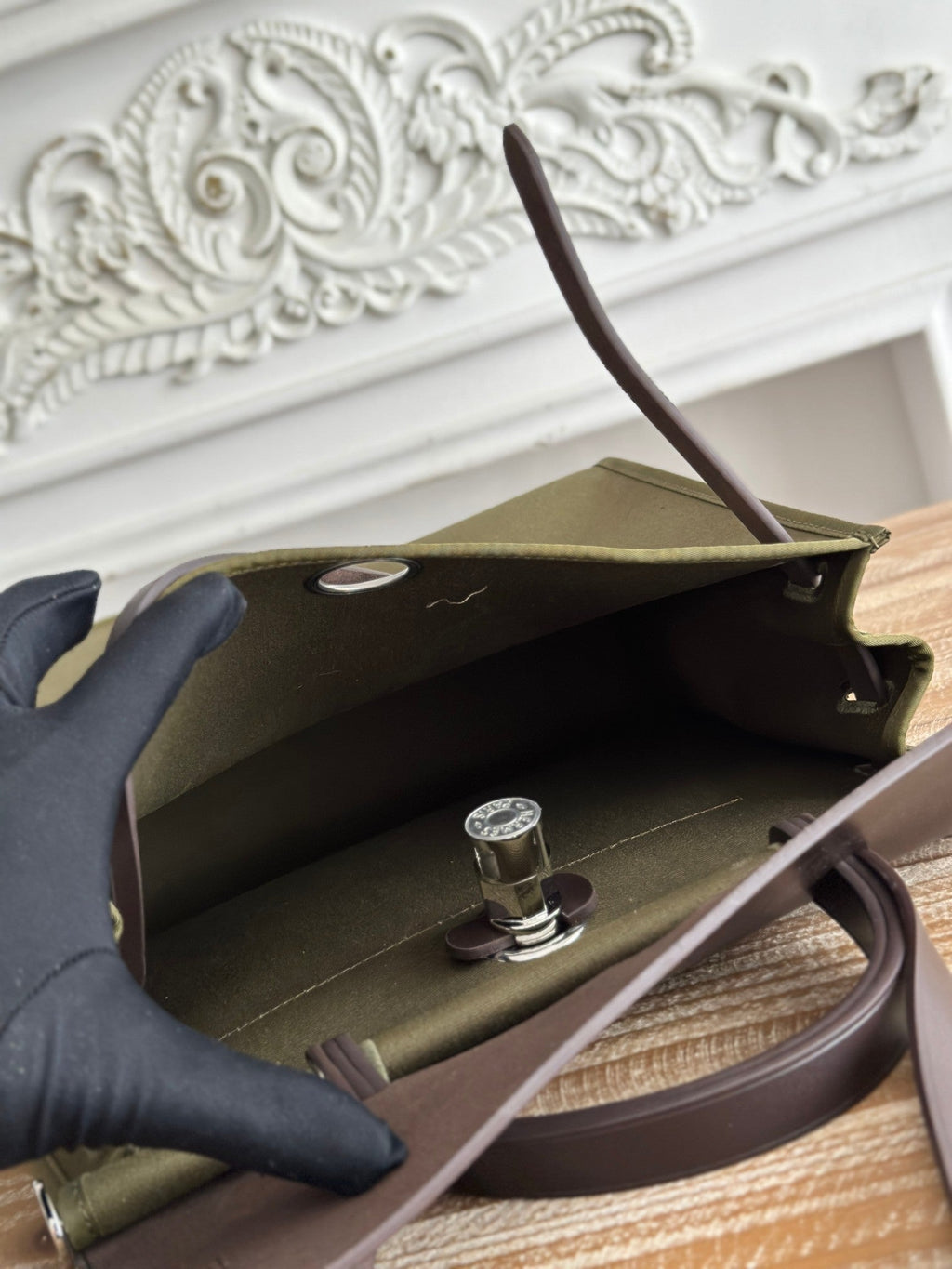 HERMES ZIP CABINE 31 BAG IN OLIVE GREEN CANVAS AND BLACK CALFSKIN
